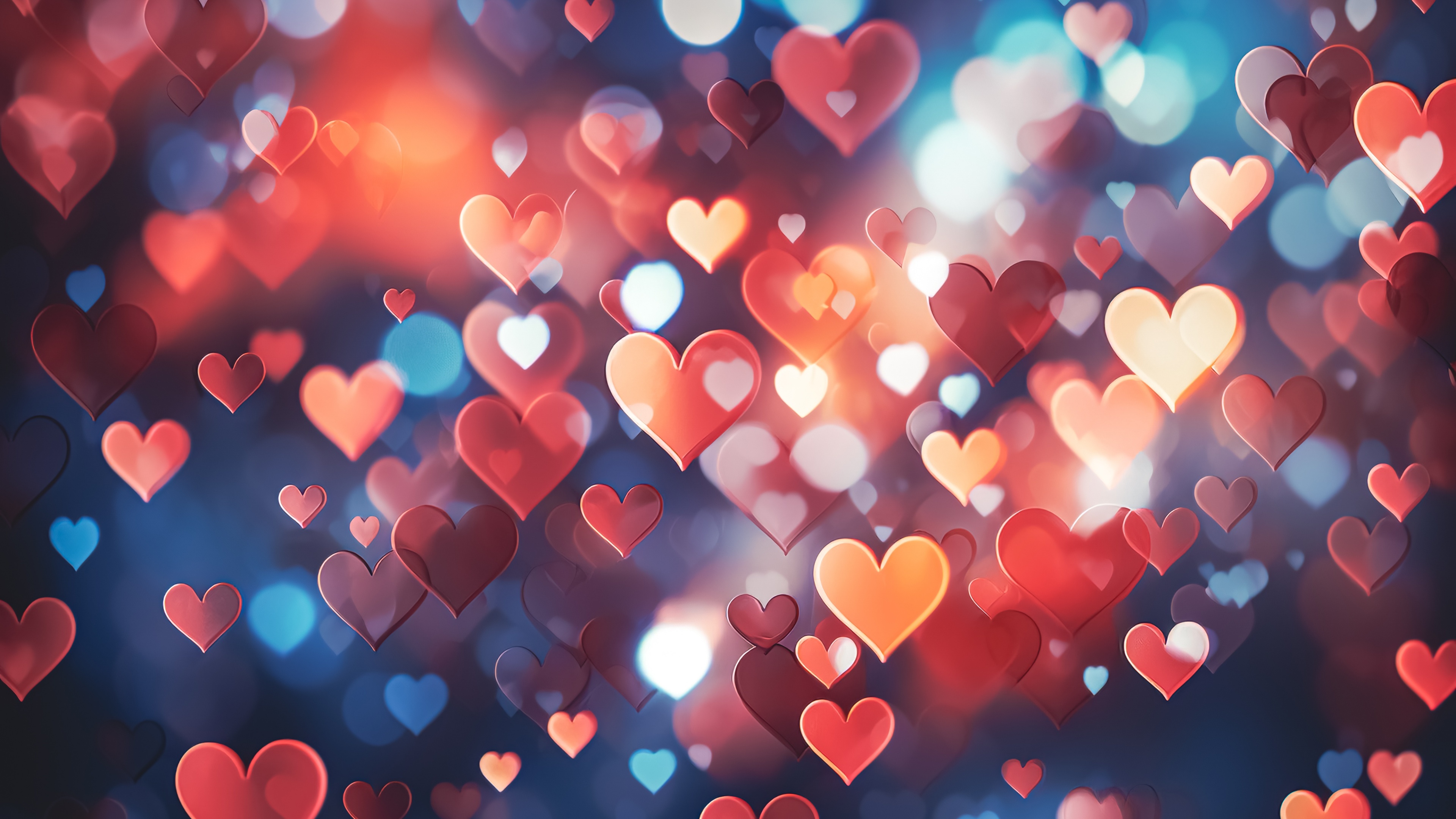 A vibrant collection of multi-colored hearts floating over a soft, out-of-focus bokeh background.