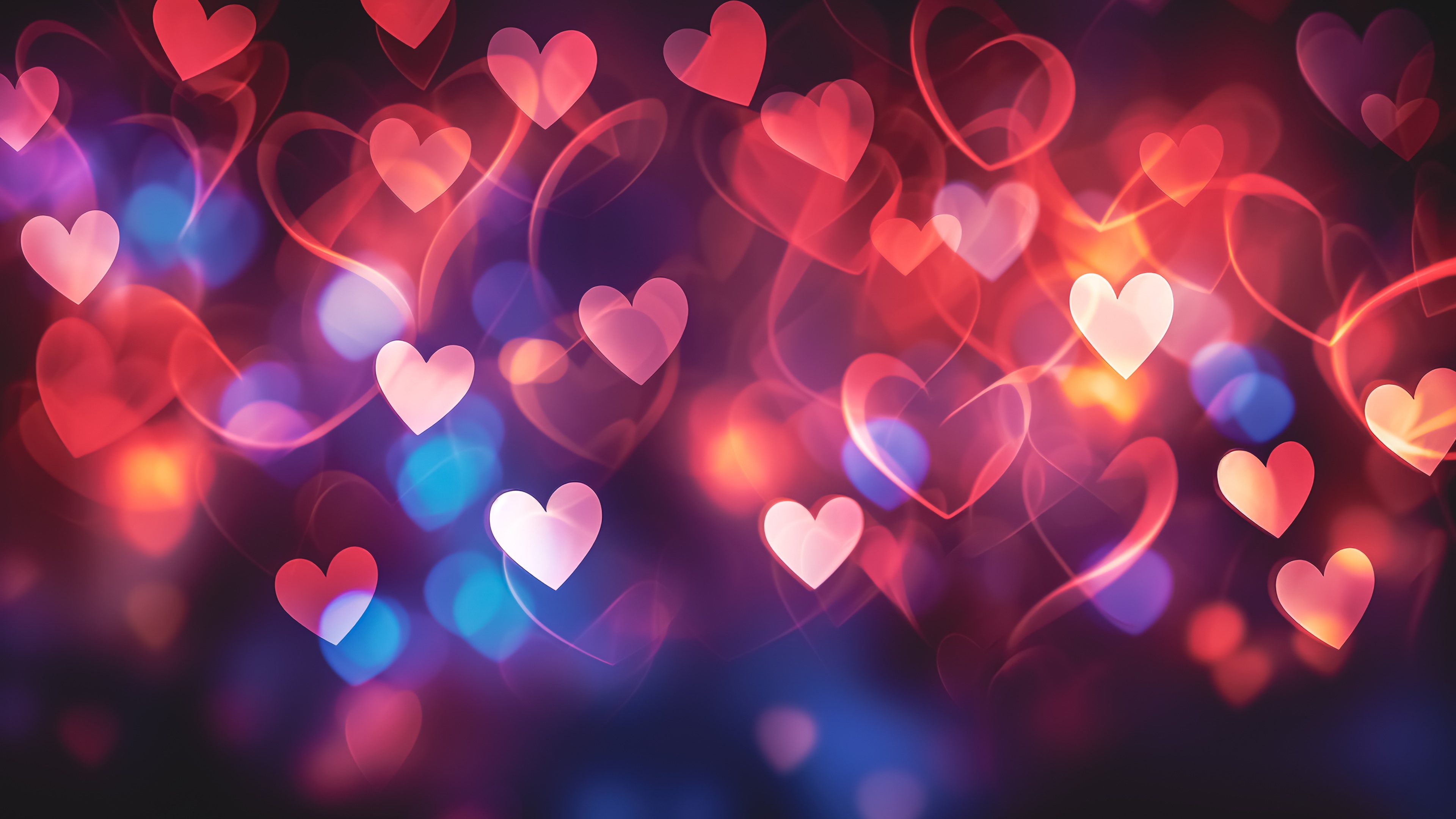 A dreamy arrangement of colorful hearts with a soft bokeh light background.