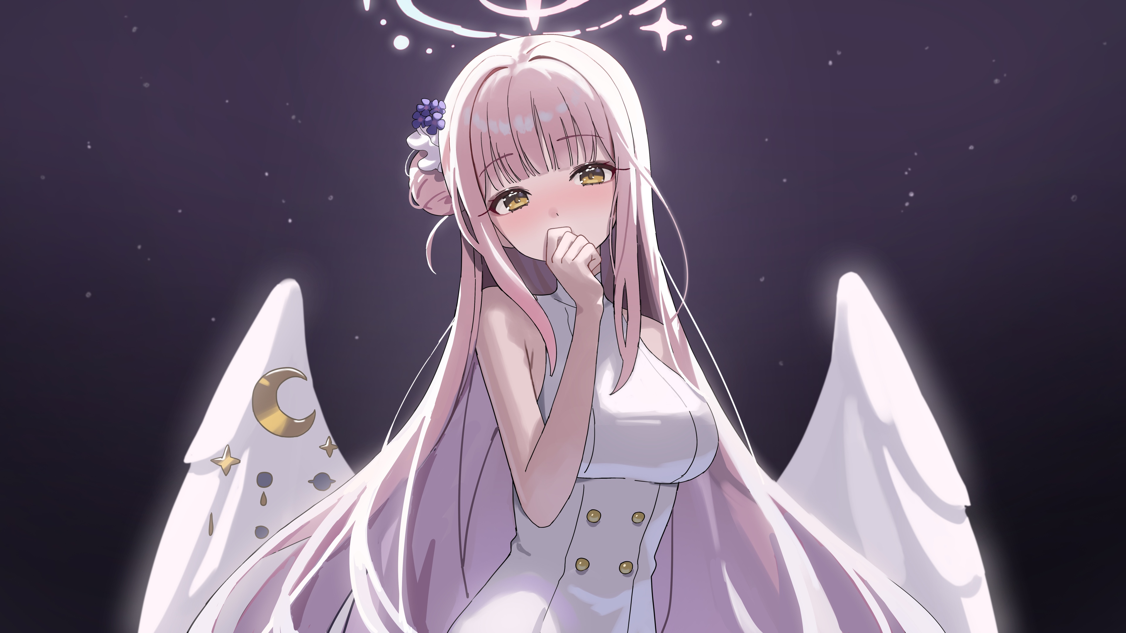 Una splendida ragazza in stile anime, con dettagli curati, dall’estetica viola e con lunghi capelli fluenti, ispirata allo stile artistico di Blue Archive.