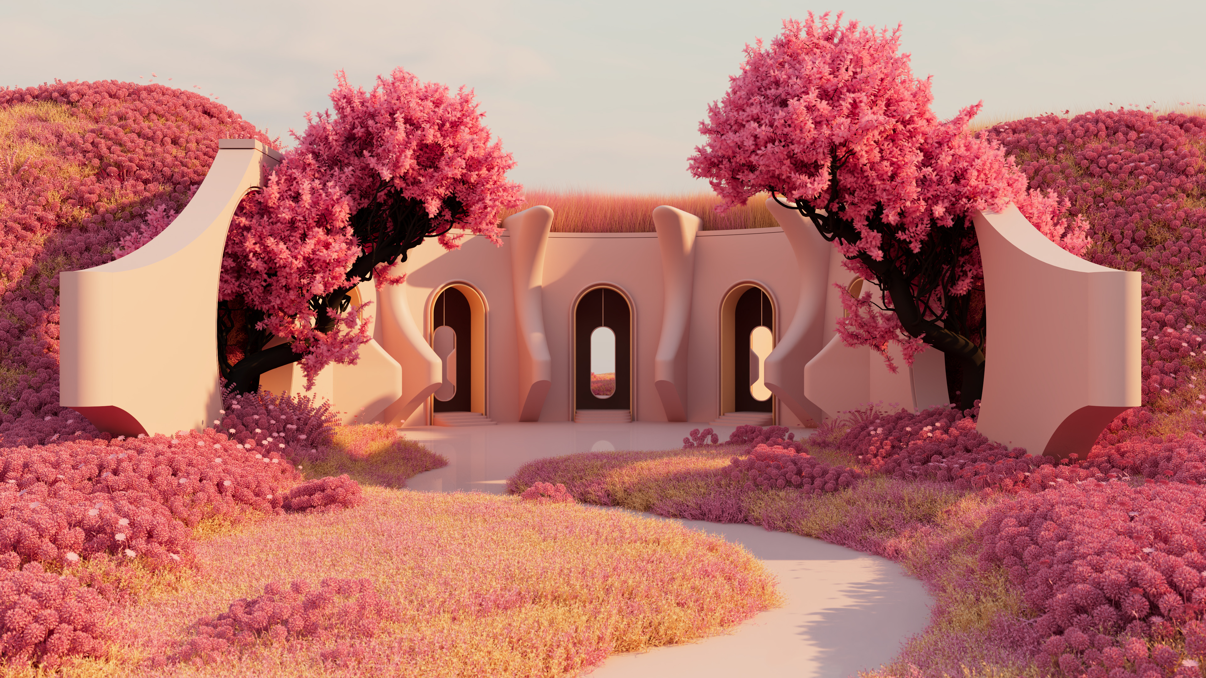 A futuristic and surreal outdoor landscape featuring ethereal architectural structures under a dreamlike, cosmic sky.