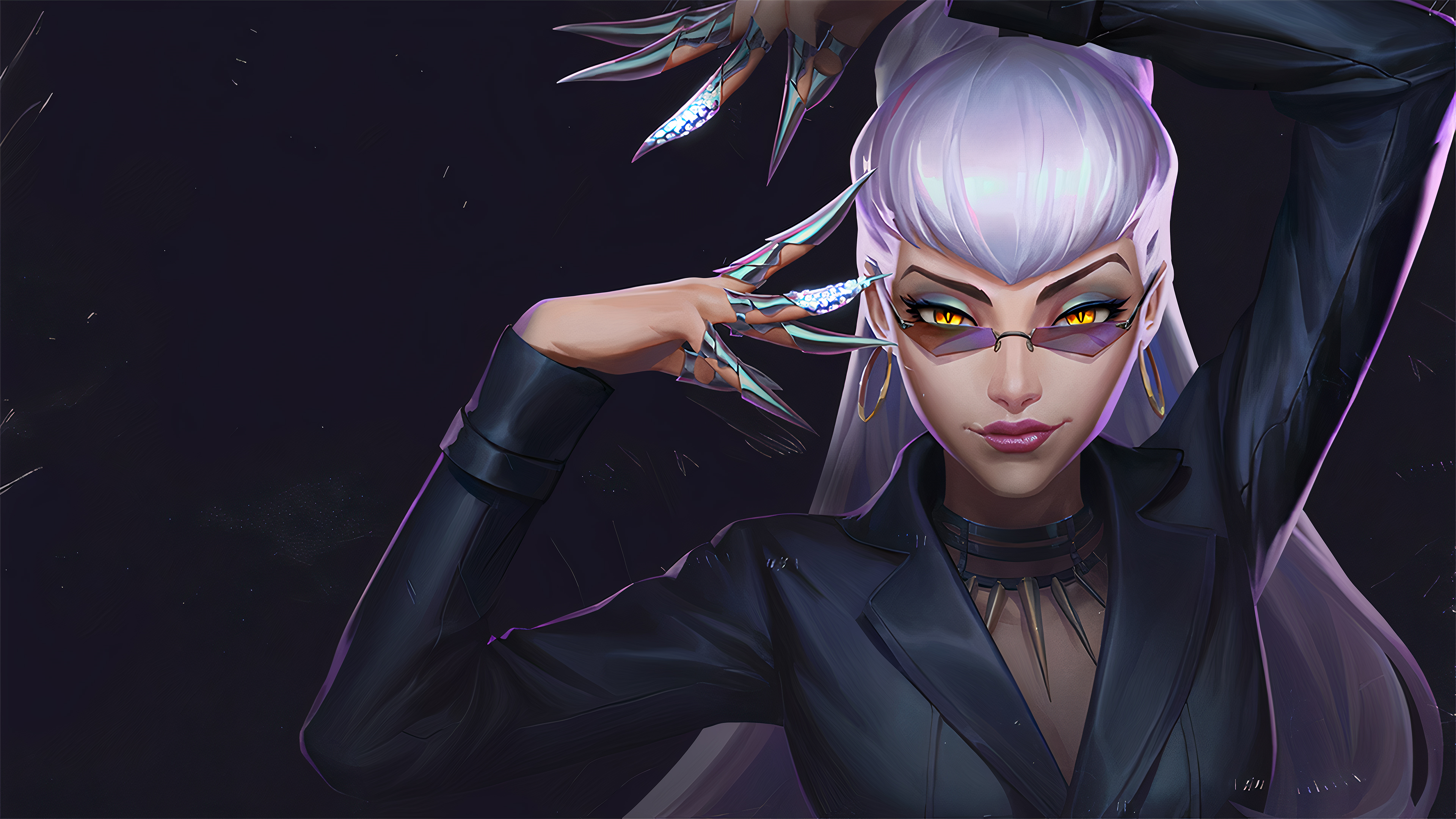 Un ritratto suggestivo e cinematografico di Evelynn, tratta dal videogioco League of Legends, che ne mette in risalto i suoi tratti demoniaci distintivi e crea un’atmosfera cupa e misteriosa.
