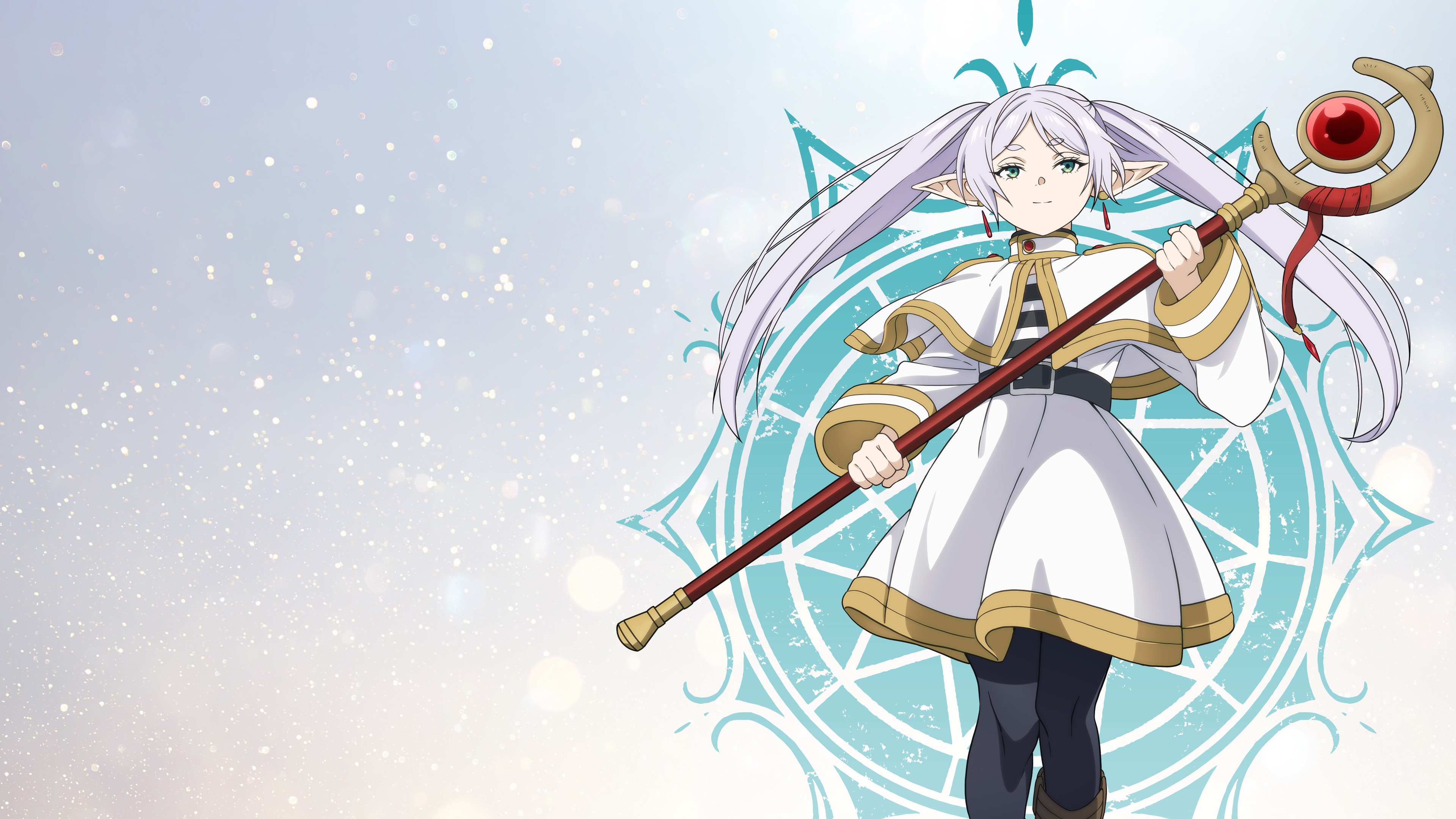 A character poster of the anime character Frieren from Frieren: Beyond Journey's End, showing her detailed elven features.