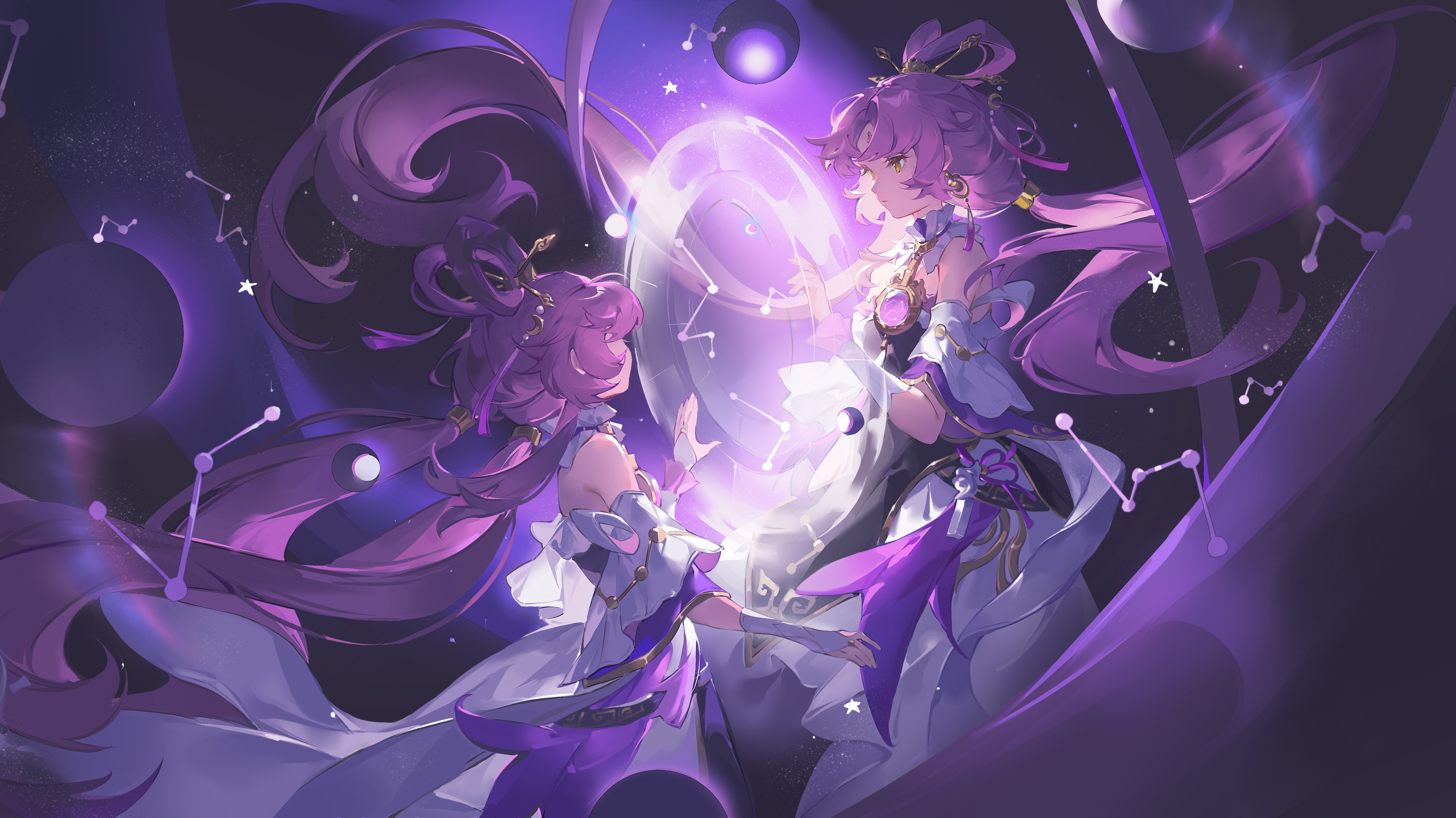 Anime illustration of Fu Xuan from Honkai: Star Rail featuring a purple cosmic aesthetic and starry galaxy background.
