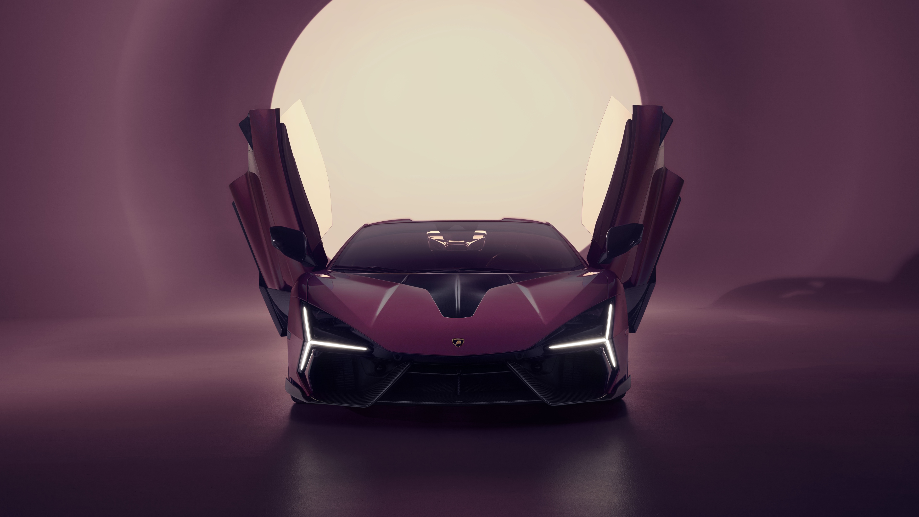A stunning close-up of a purple Lamborghini Revuelto hypercar with a vibrant purple lighting aesthetic.