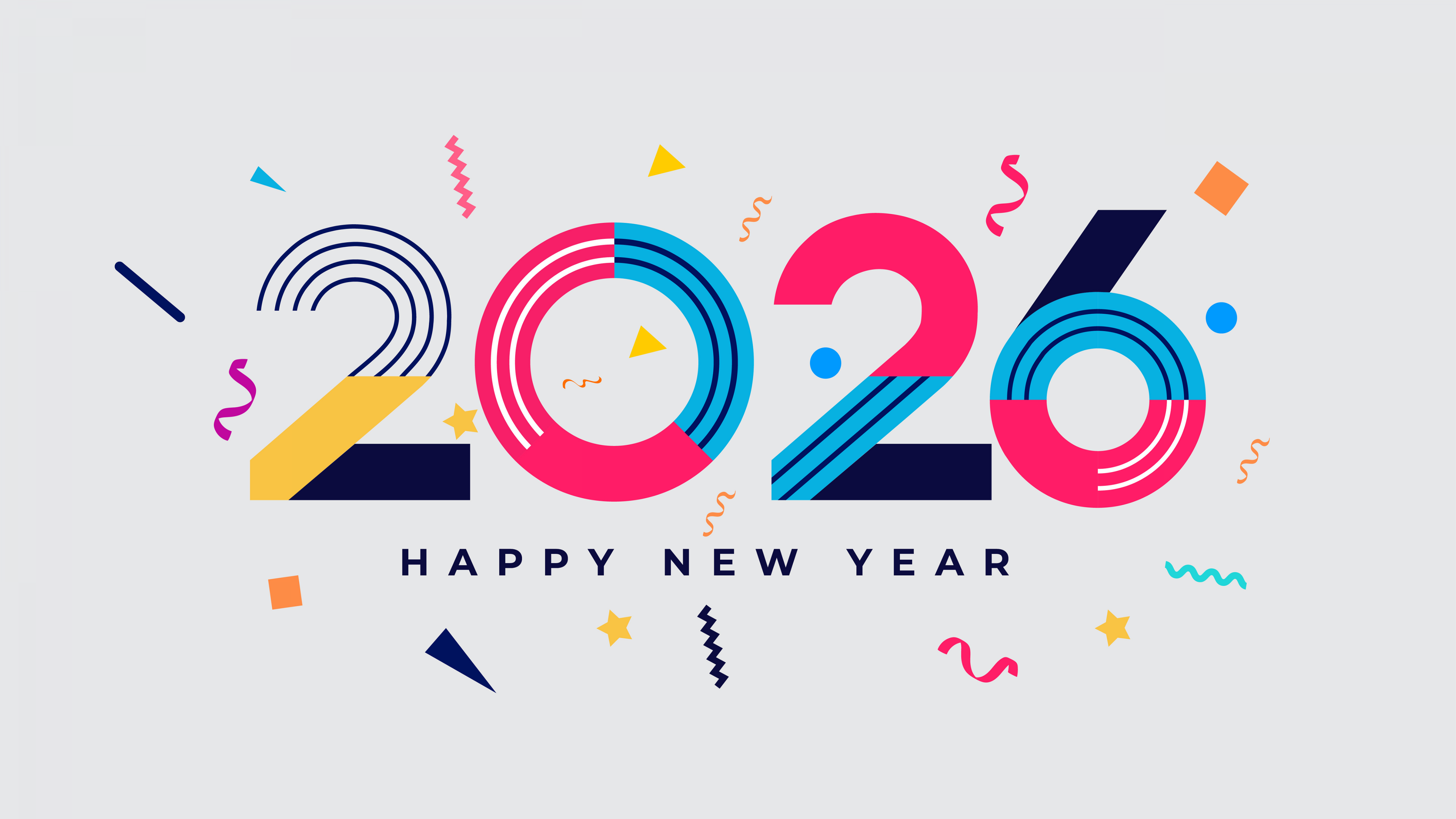 A high-resolution 5K geometric abstract background featuring the text Happy New Year 2026 with modern polygonal shapes.