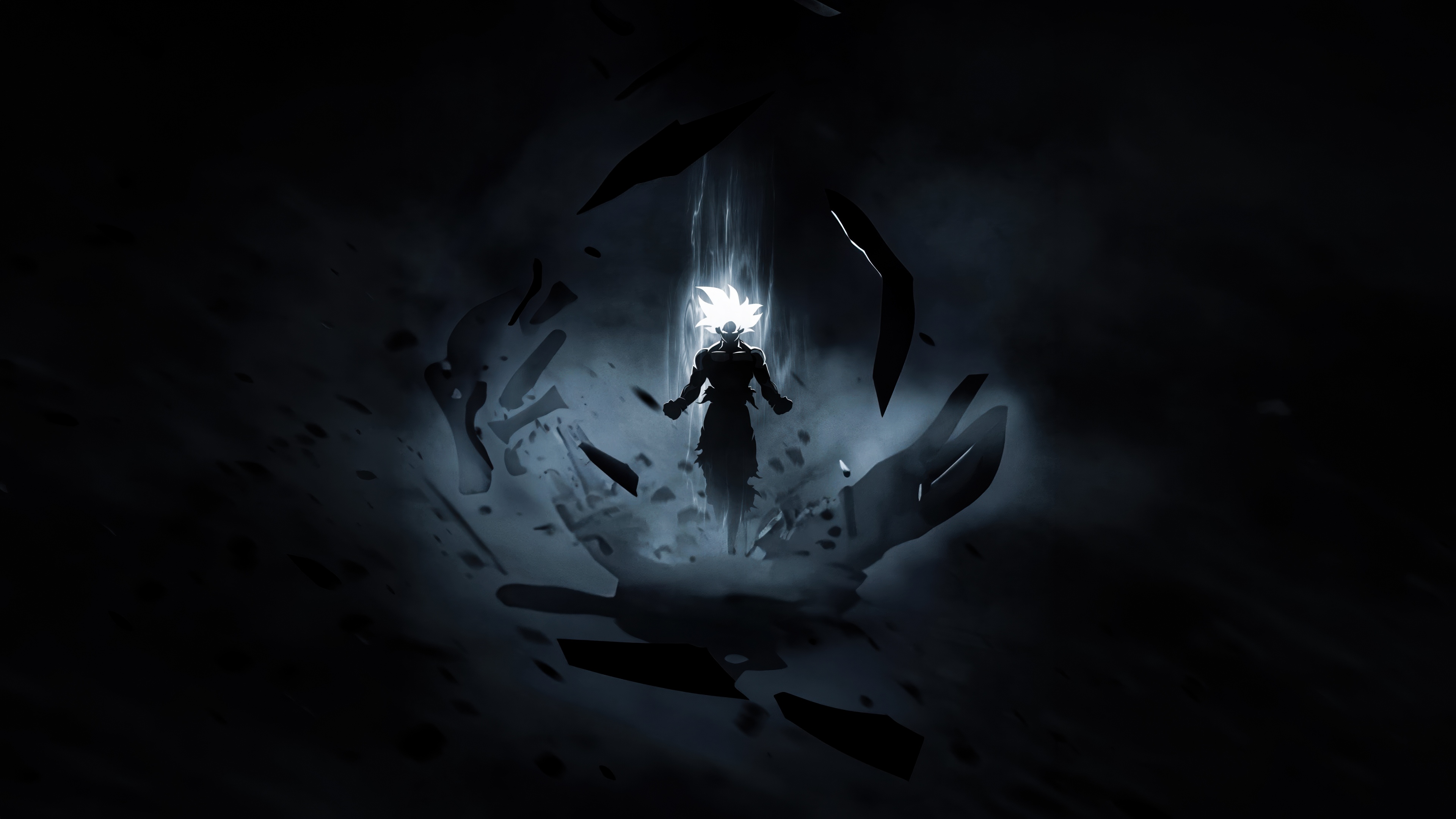 Goku from Dragon Ball Super in his Perfected Ultra Instinct form with a radiant aura against a dark background.