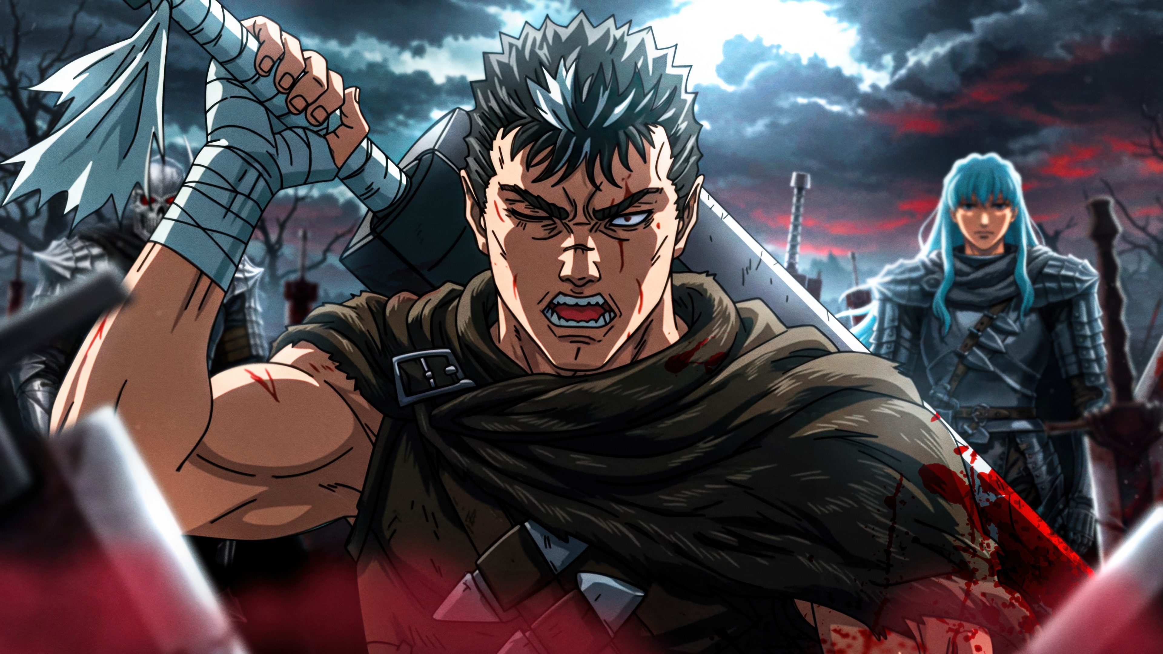 Guts from the Berserk manga wielding his iconic Dragon Slayer sword in the heat of battle.