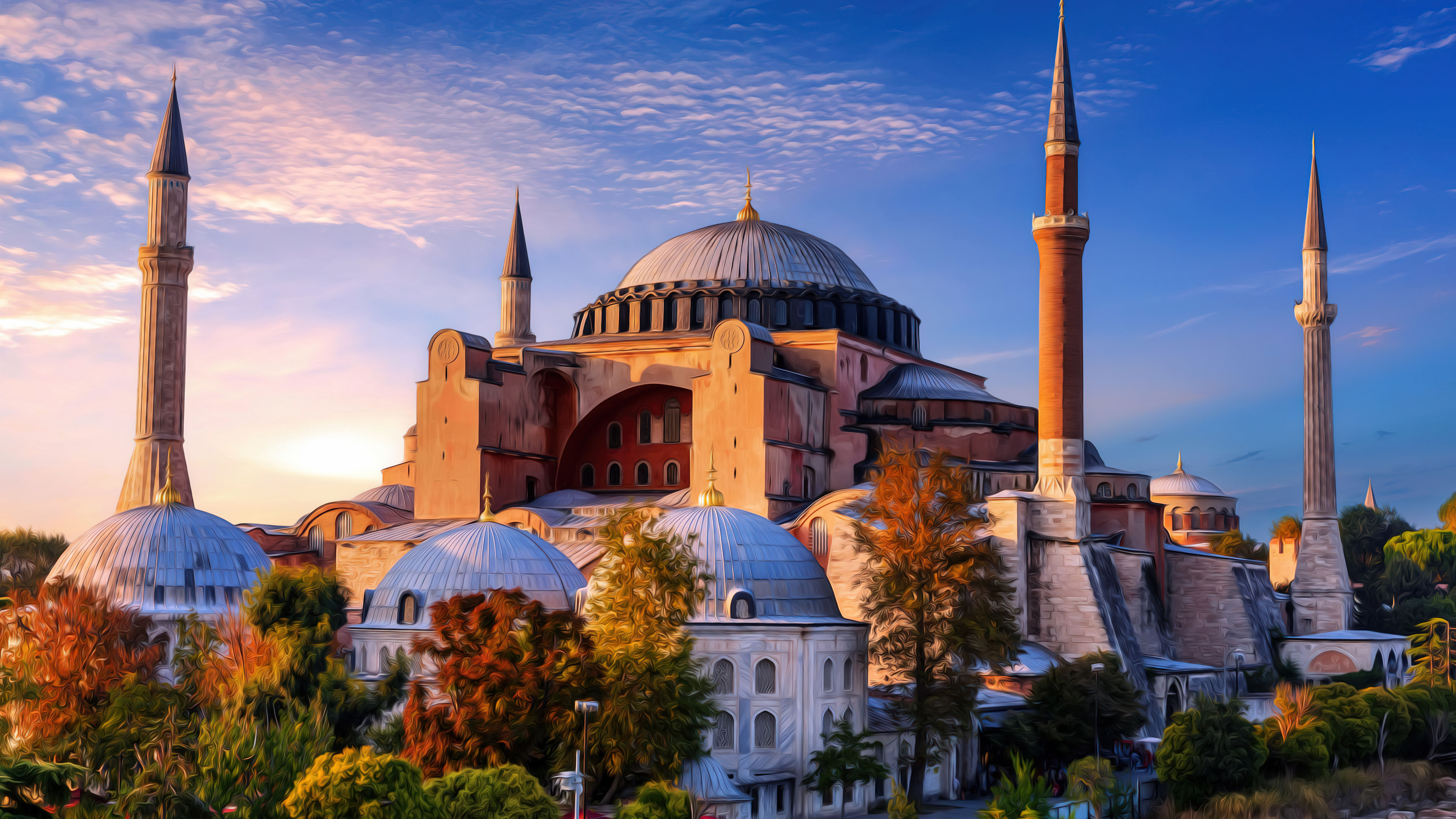 Majestic view of the Hagia Sophia mosque in Istanbul, Turkey, featuring ancient Islamic architecture.
