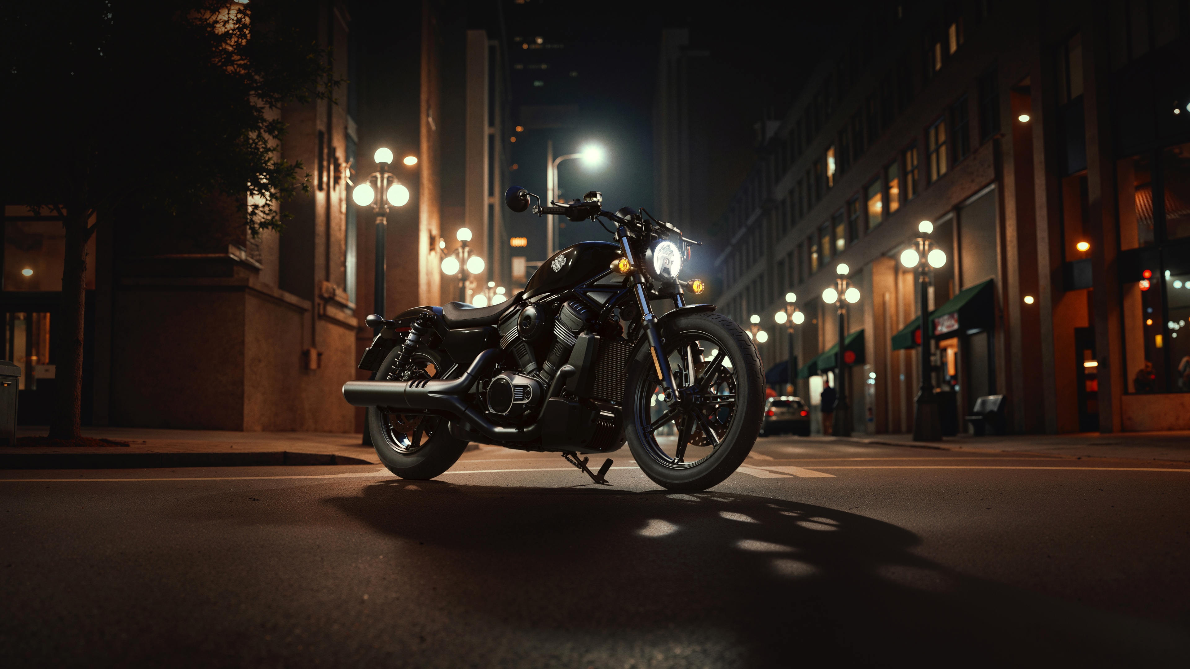 A Harley-Davidson Nightster motorcycle parked on a dark, neon-lit street in a futuristic Night City environment.