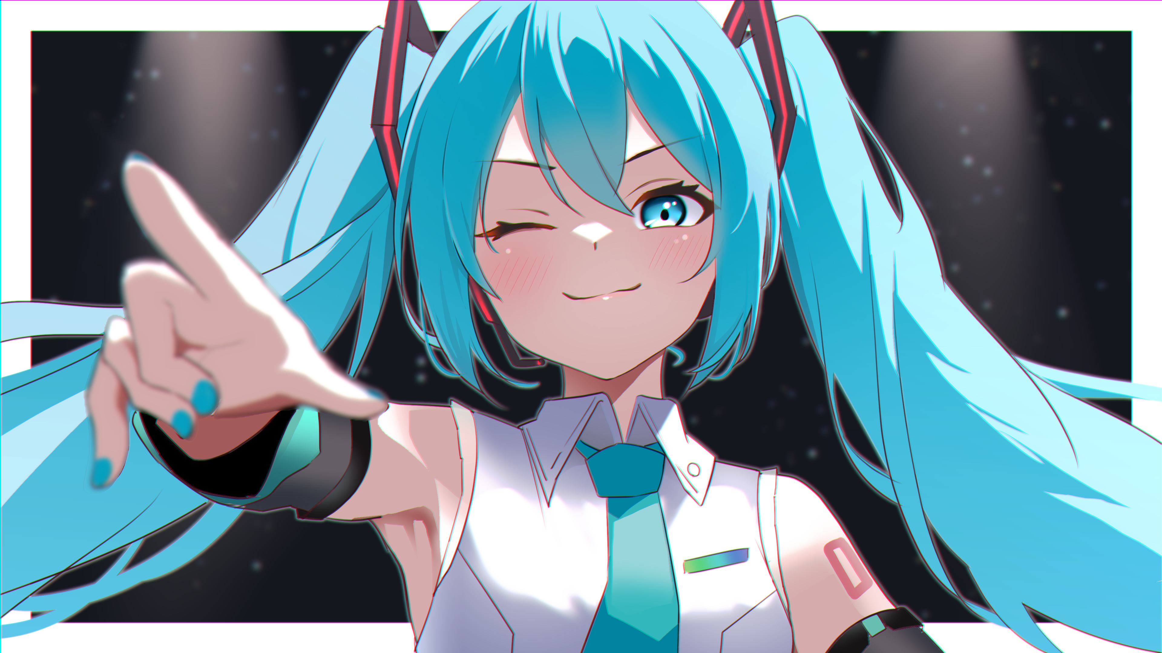 Digital art of Hatsune Miku from Vocaloid winking with blue hair.
