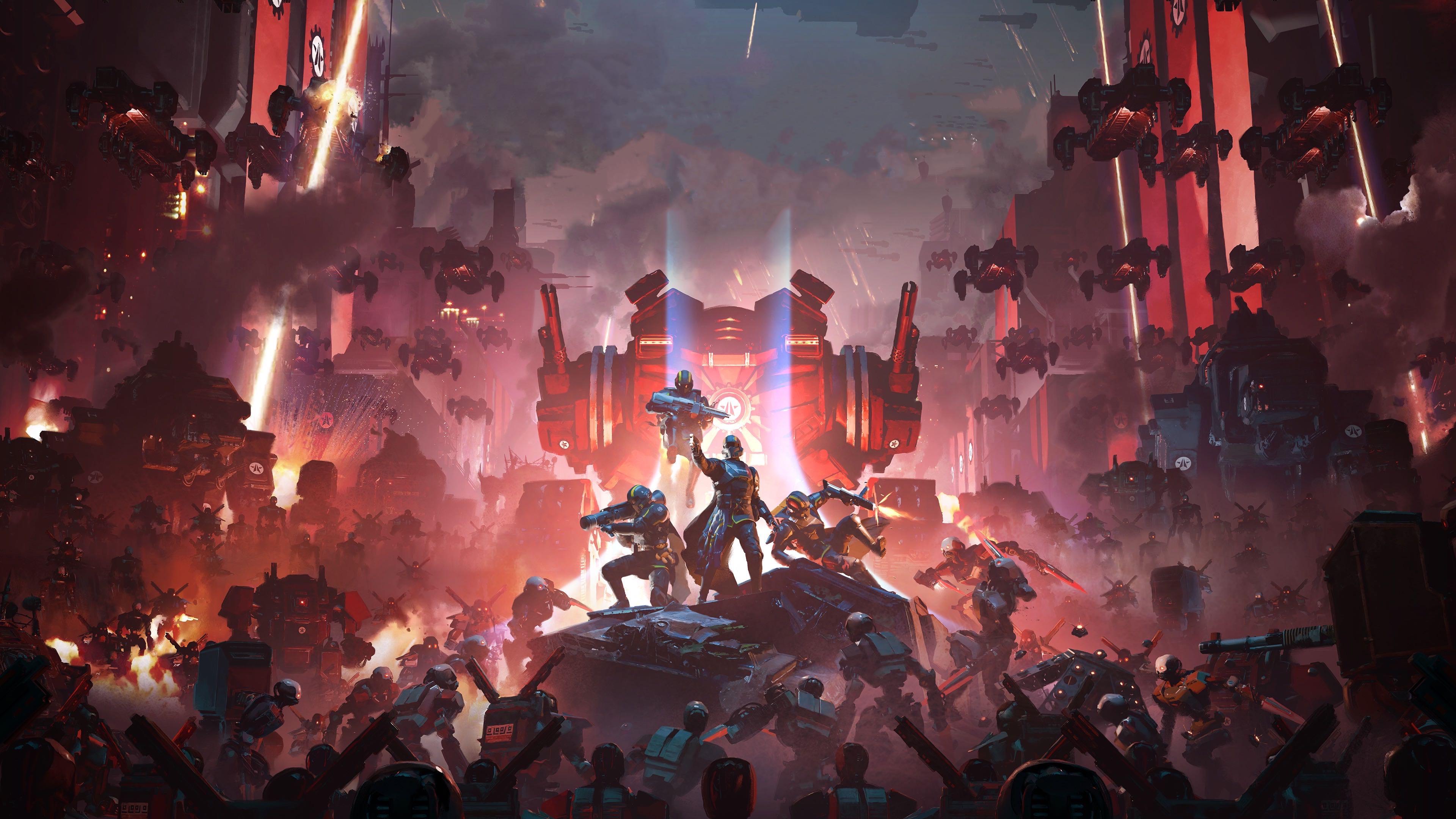 A Helldiver from Helldivers 2 wearing full tactical combat armor and a signature helmet, standing in a sci-fi battlefield environment.
