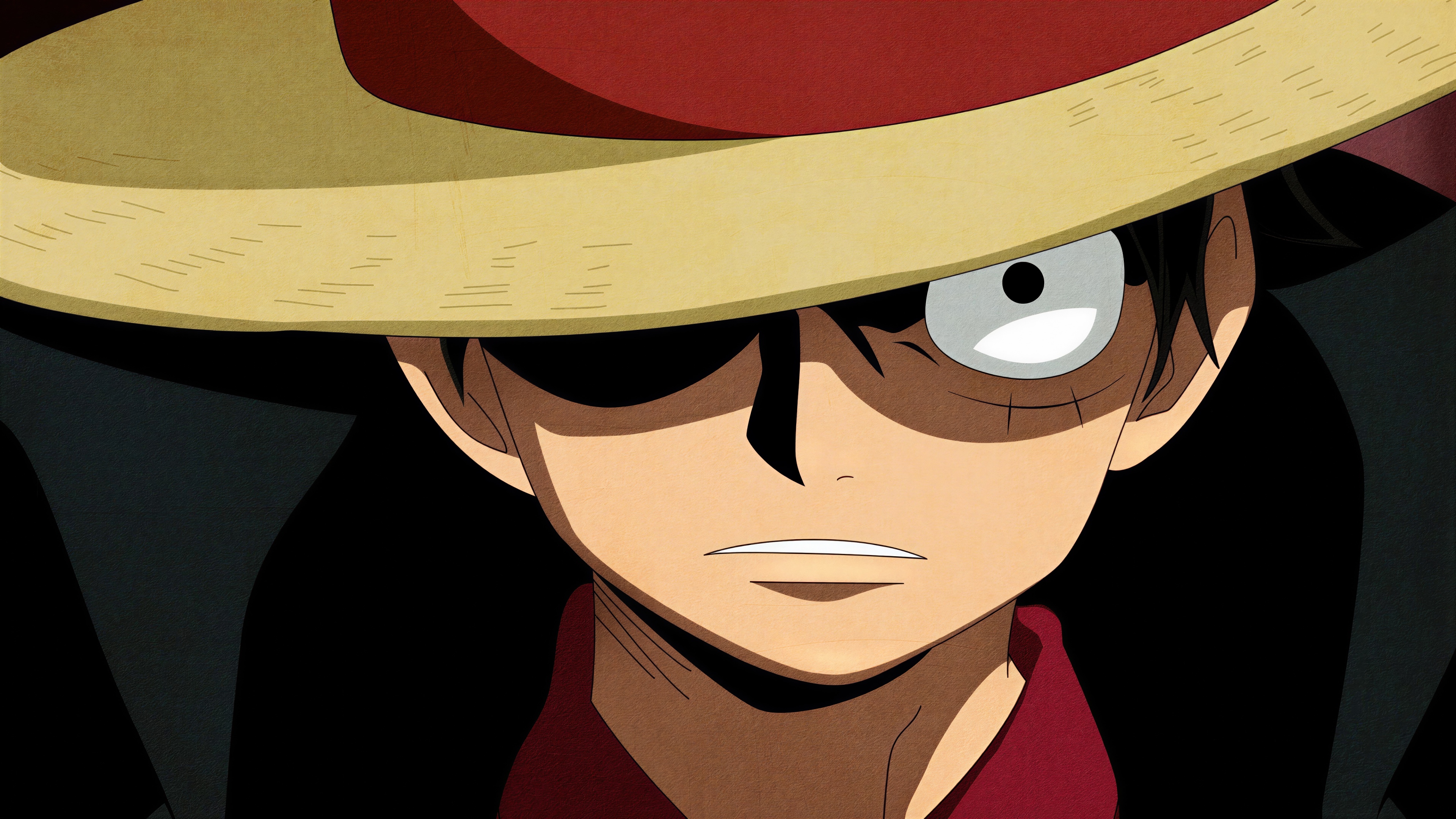 A high-resolution, intense close-up portrait of Monkey D. Luffy from the anime One Piece.