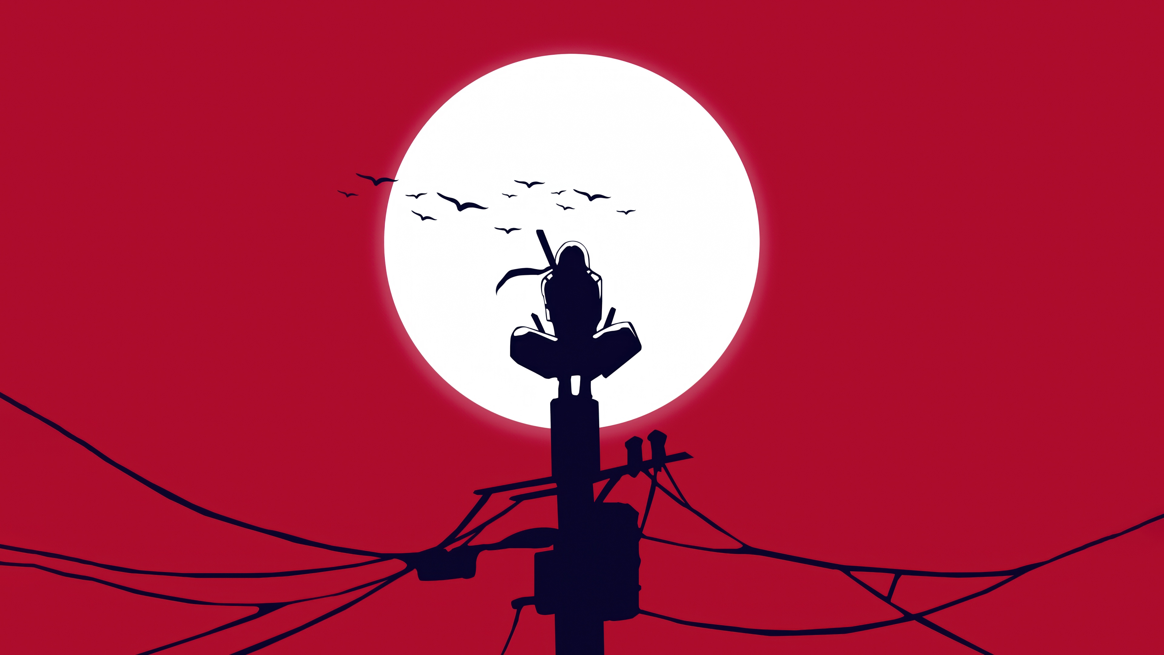 Illustrazione minimalista di Itachi Uchiha, personaggio di Naruto, con una luna su uno sfondo rosso acceso.