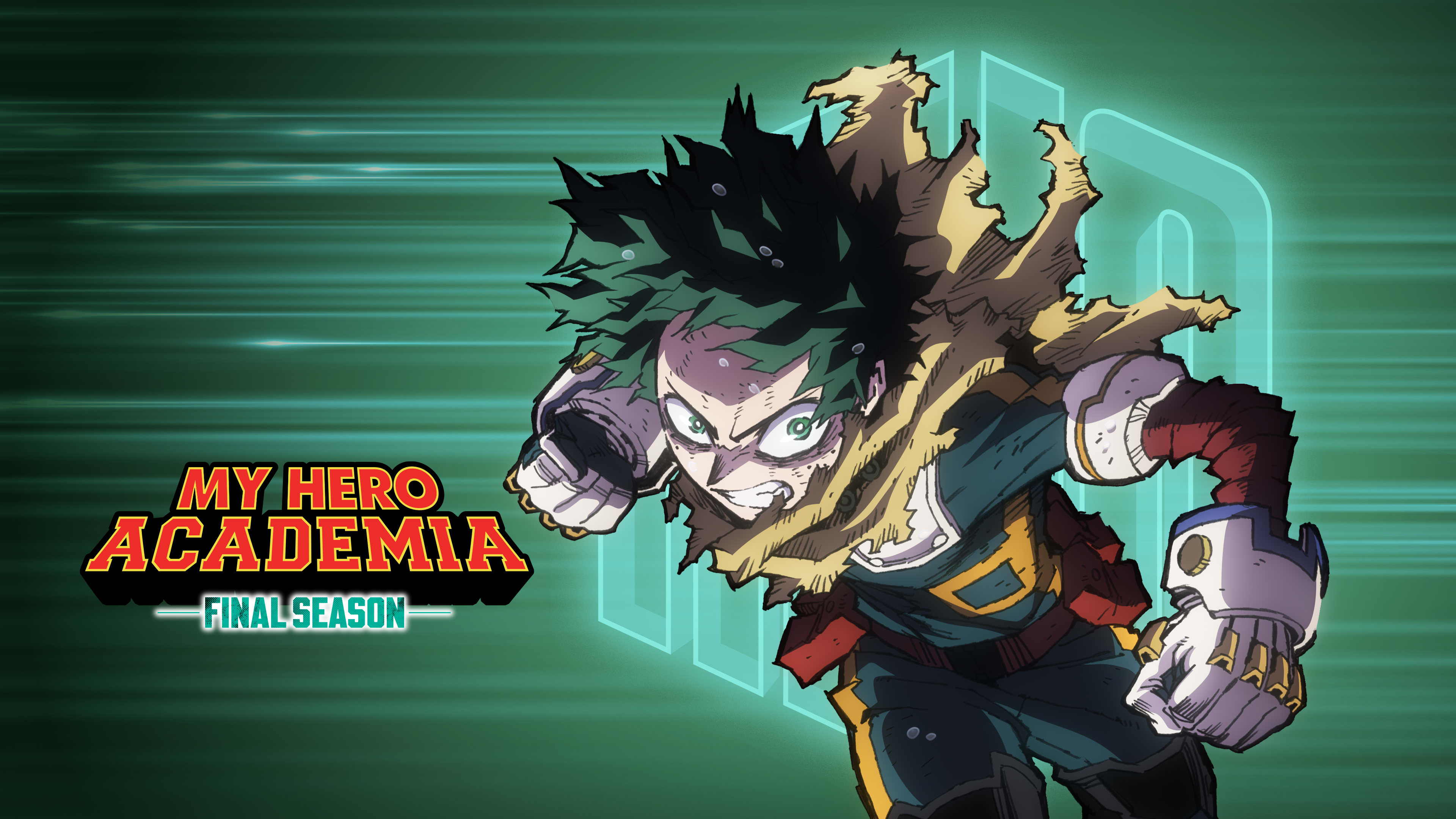 Izuku Midoriya, protagonista di My Hero Academia, in una posa dinamica tipica degli anime.
