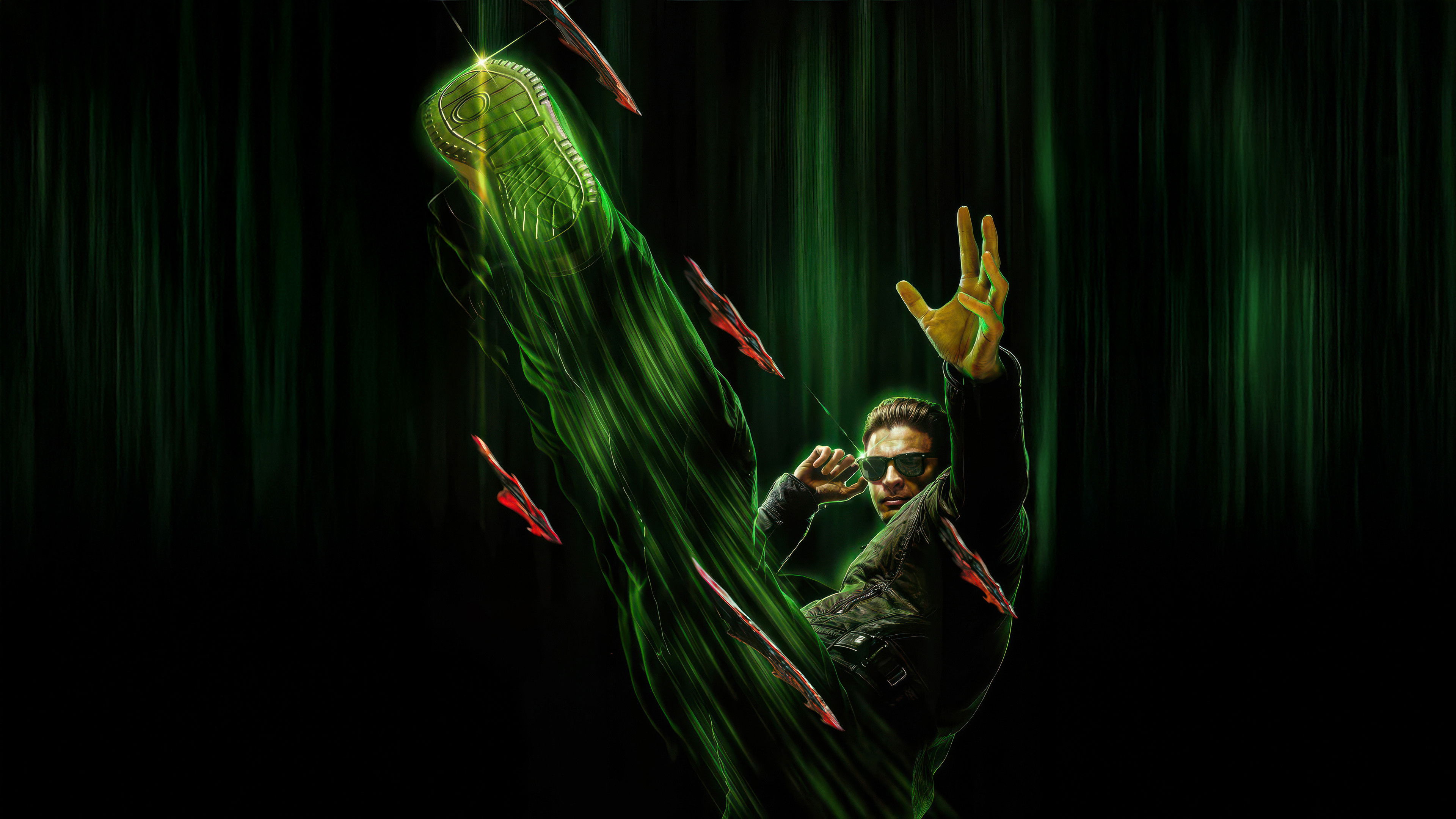 A dark, cinematic portrait of Johnny Cage from Mortal Kombat II, featuring Karl Urban.