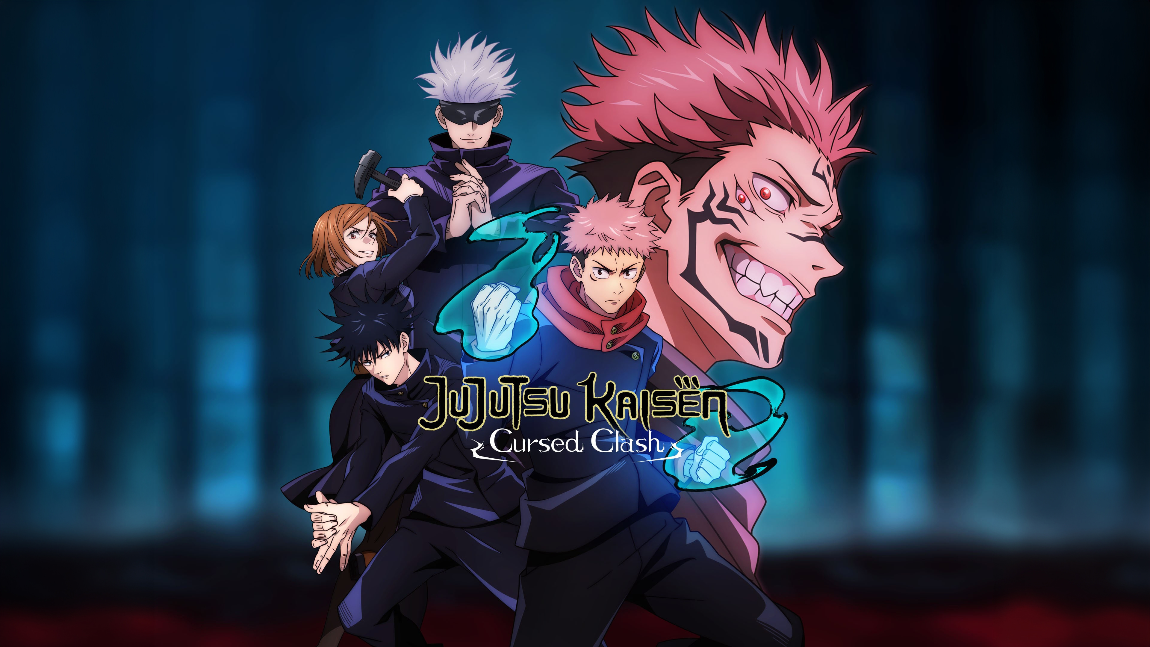 Immagini in stile dinamico, tipiche dei giochi di combattimento, che raffigurano Satoru Gojo, Yuji Itadori e Sukuna, tratti da Jujutsu Kaisen.