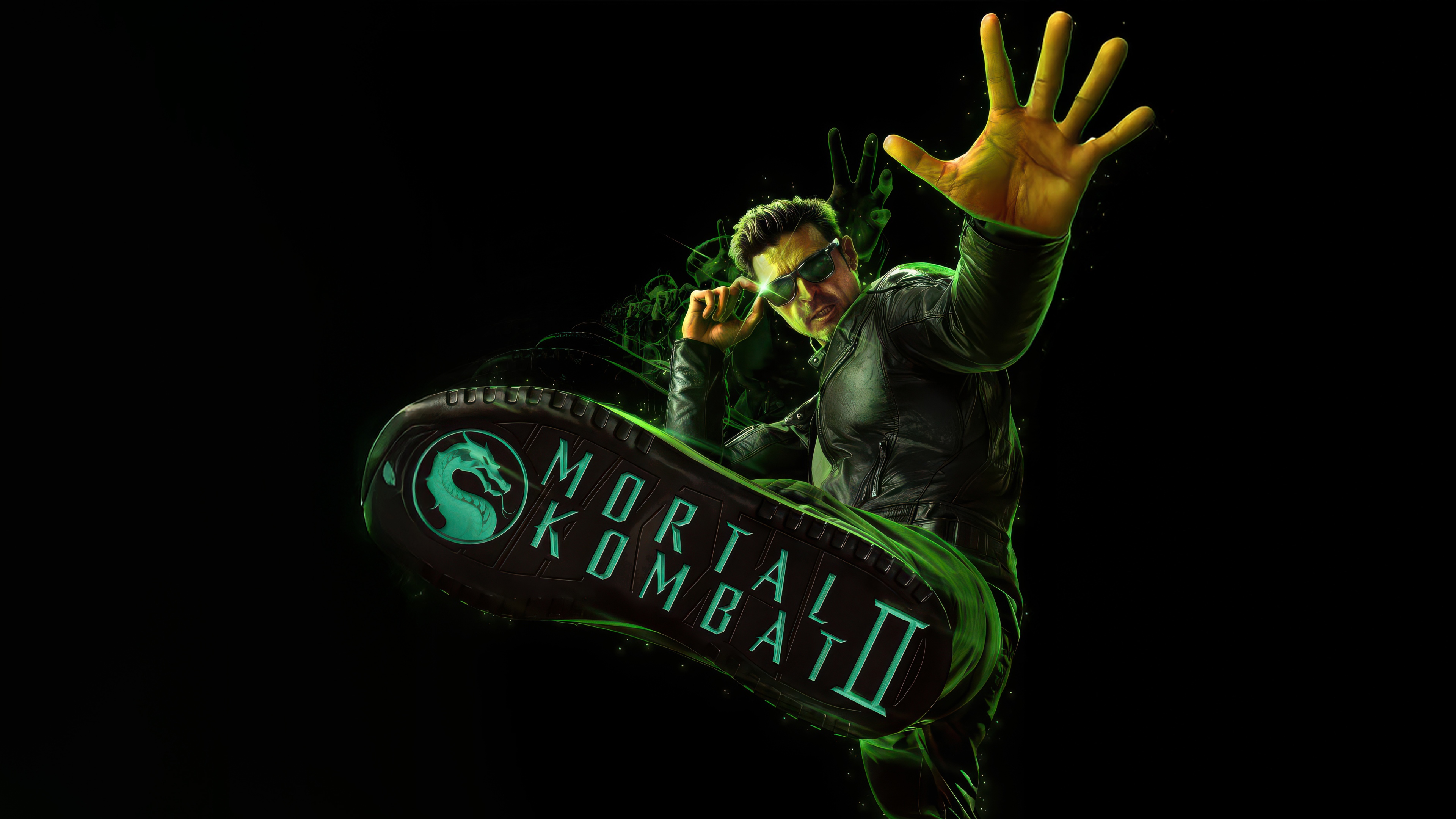 Cinematic portrait of Karl Urban as Johnny Cage from the Mortal Kombat franchise against a dark background