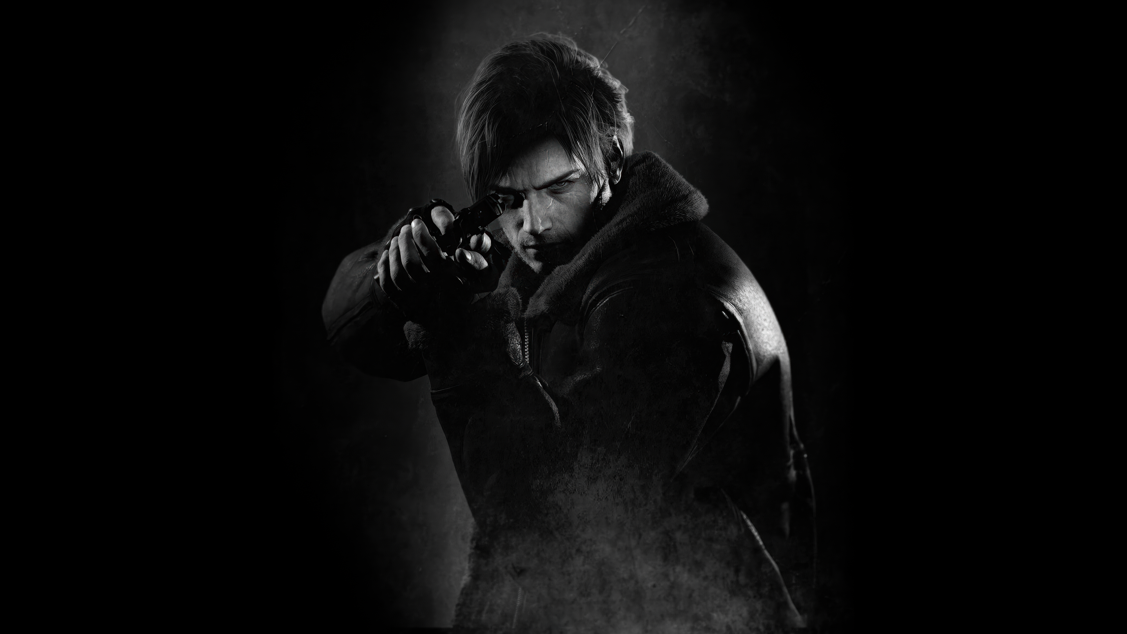 A dramatic and moody portrait of Leon S. Kennedy from Resident Evil set against a dark background.