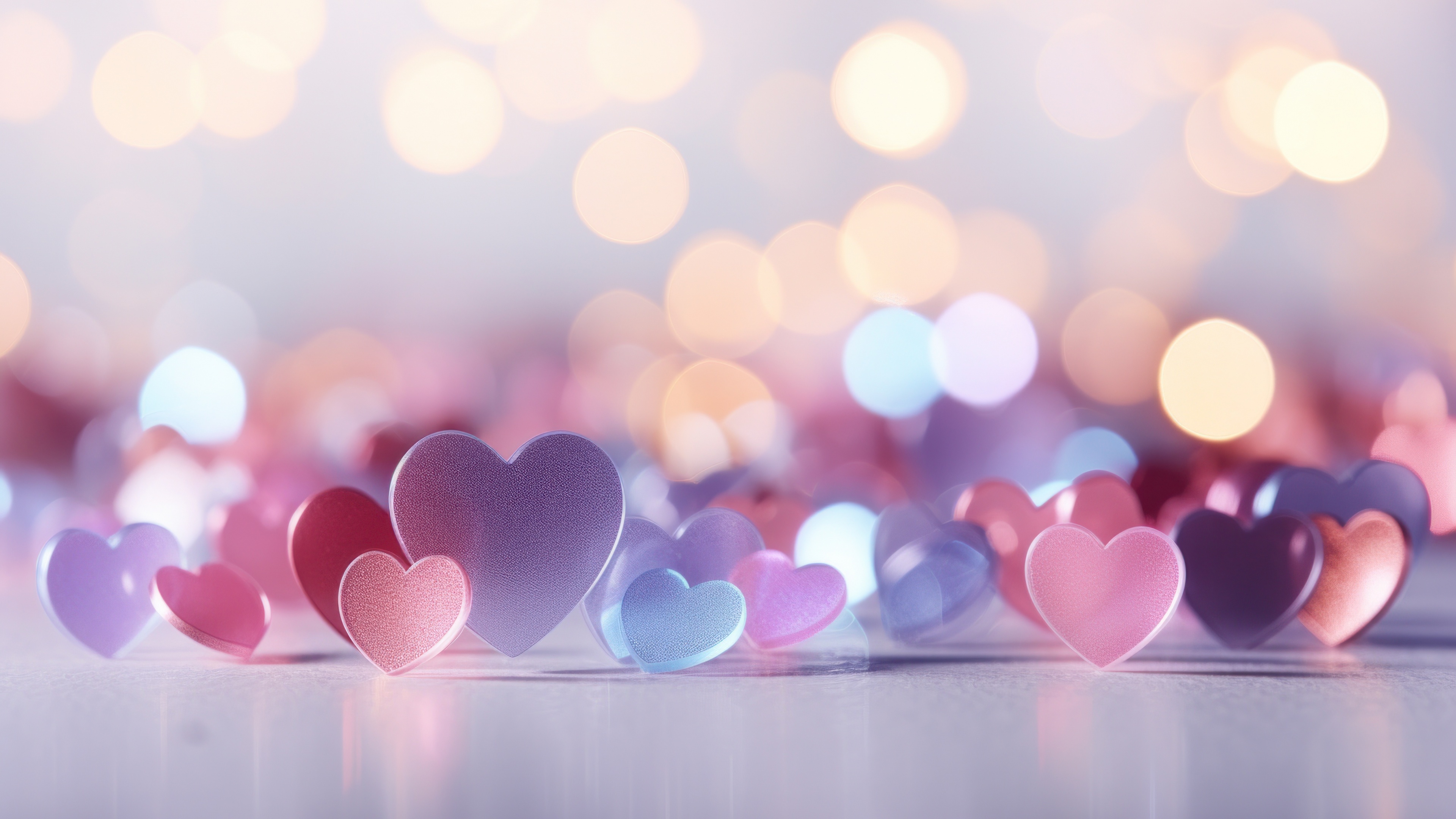 Close-up of glossy, reflective red and pink hearts set against a soft-focus bokeh background with shimmering light effects.