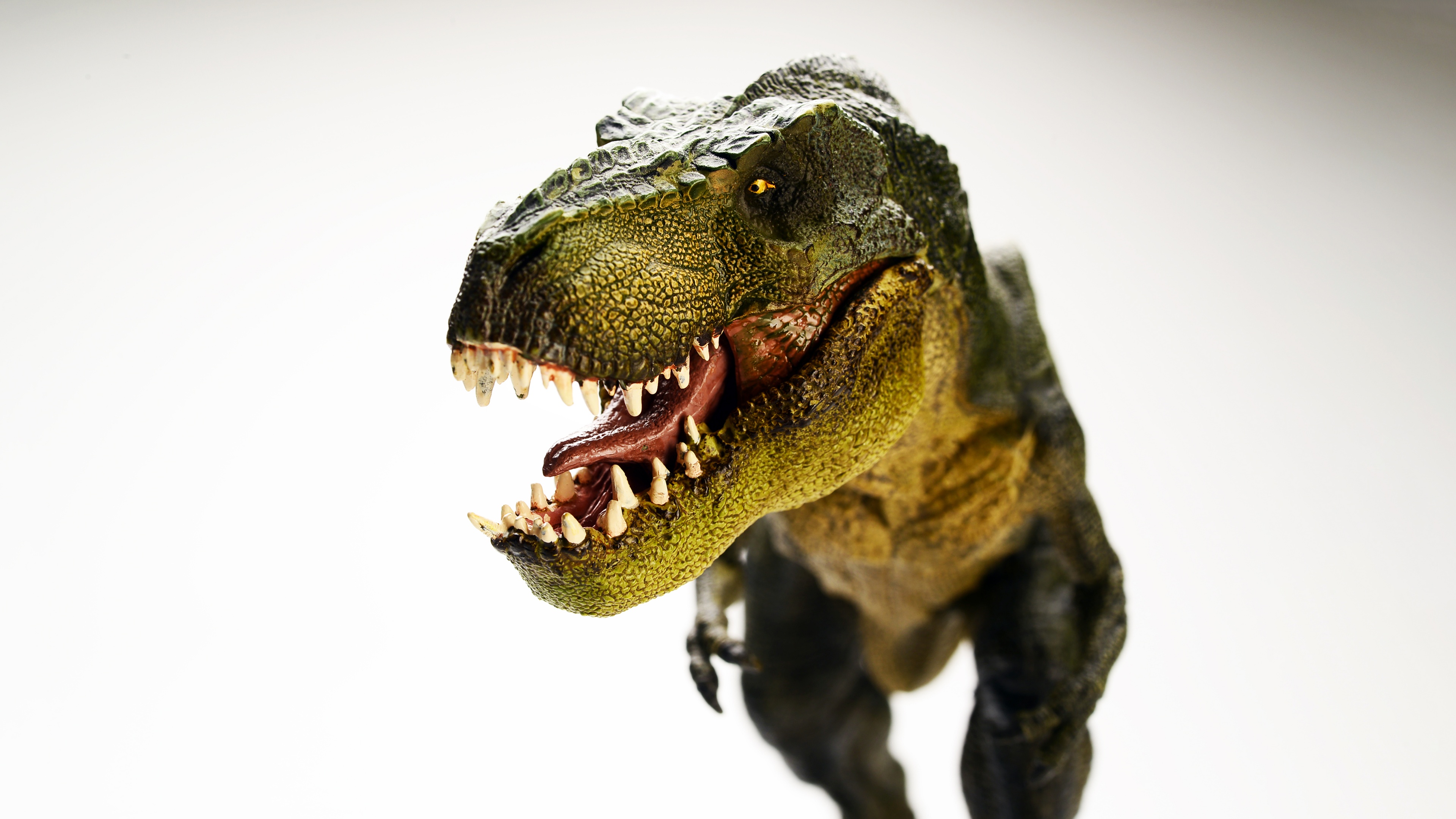 A hyper-realistic close-up of a Tyrannosaurus Rex dinosaur showing detailed skin texture and sharp teeth.