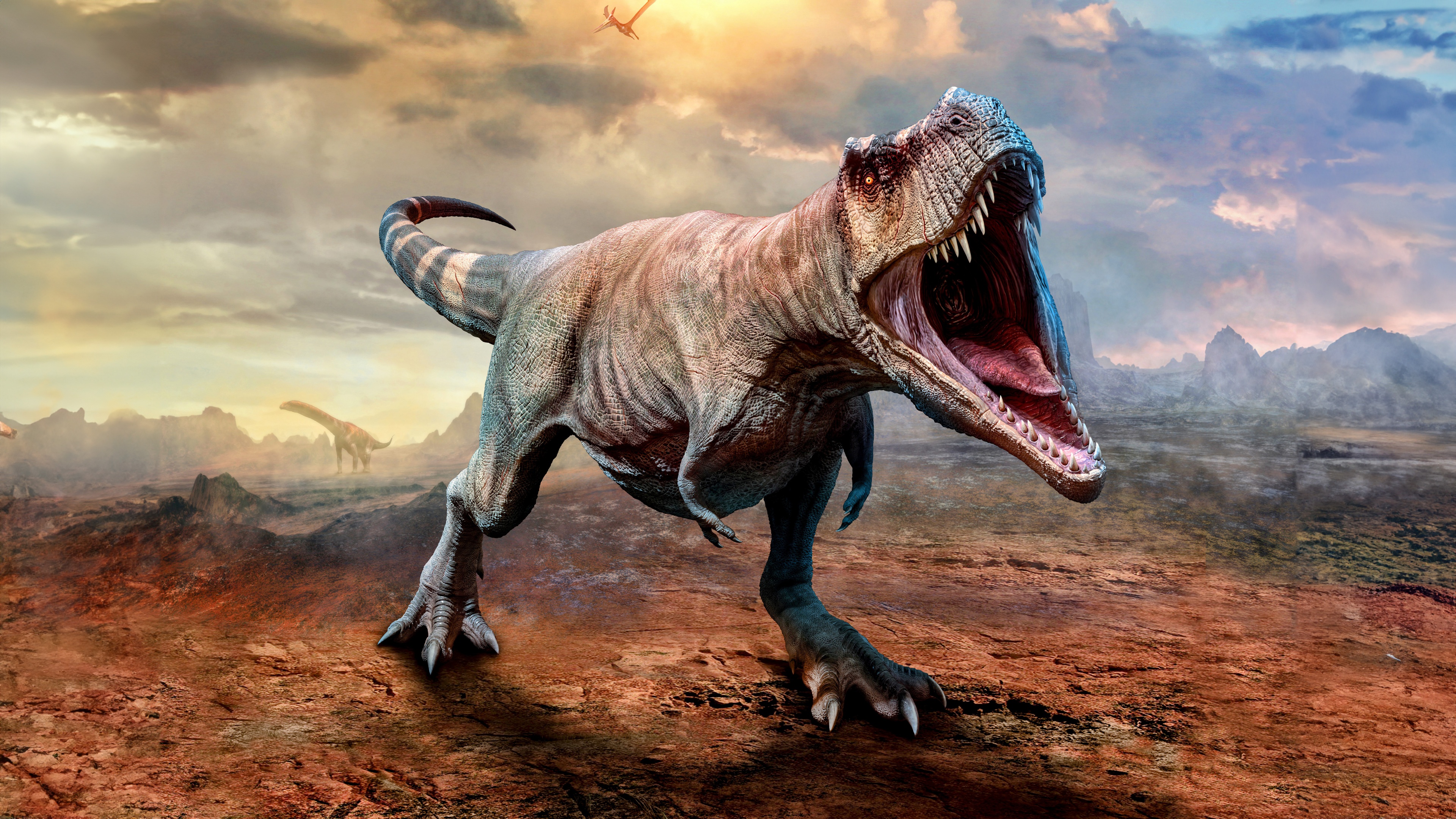 Un’immagine ad alta risoluzione, un primo piano di un Tyrannosaurus Rex che mostra i dettagli intricati della sua pelle e i suoi denti affilati.