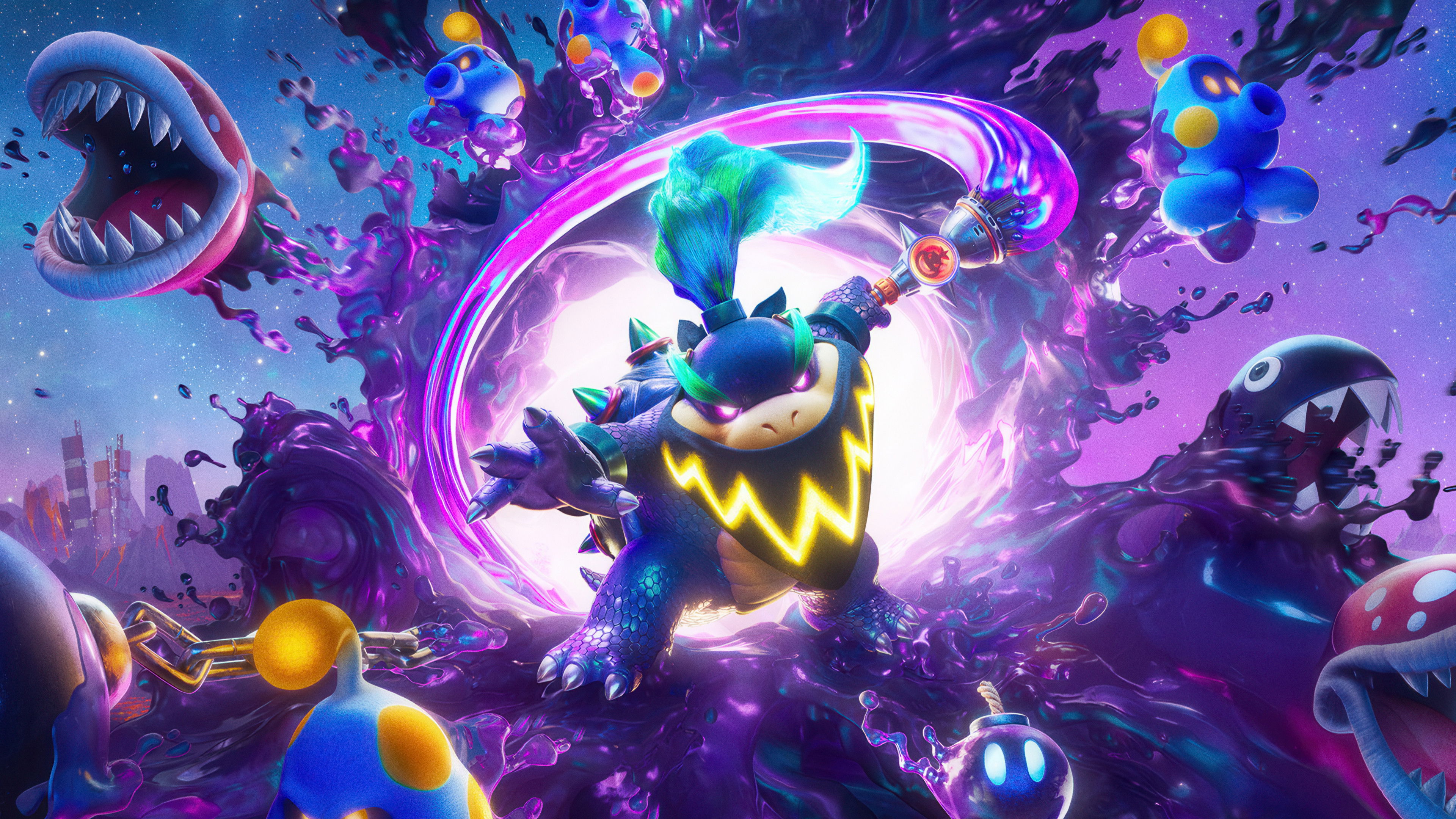 Mario from The Super Mario Galaxy Movie standing amidst a cosmic landscape of planets and stars.