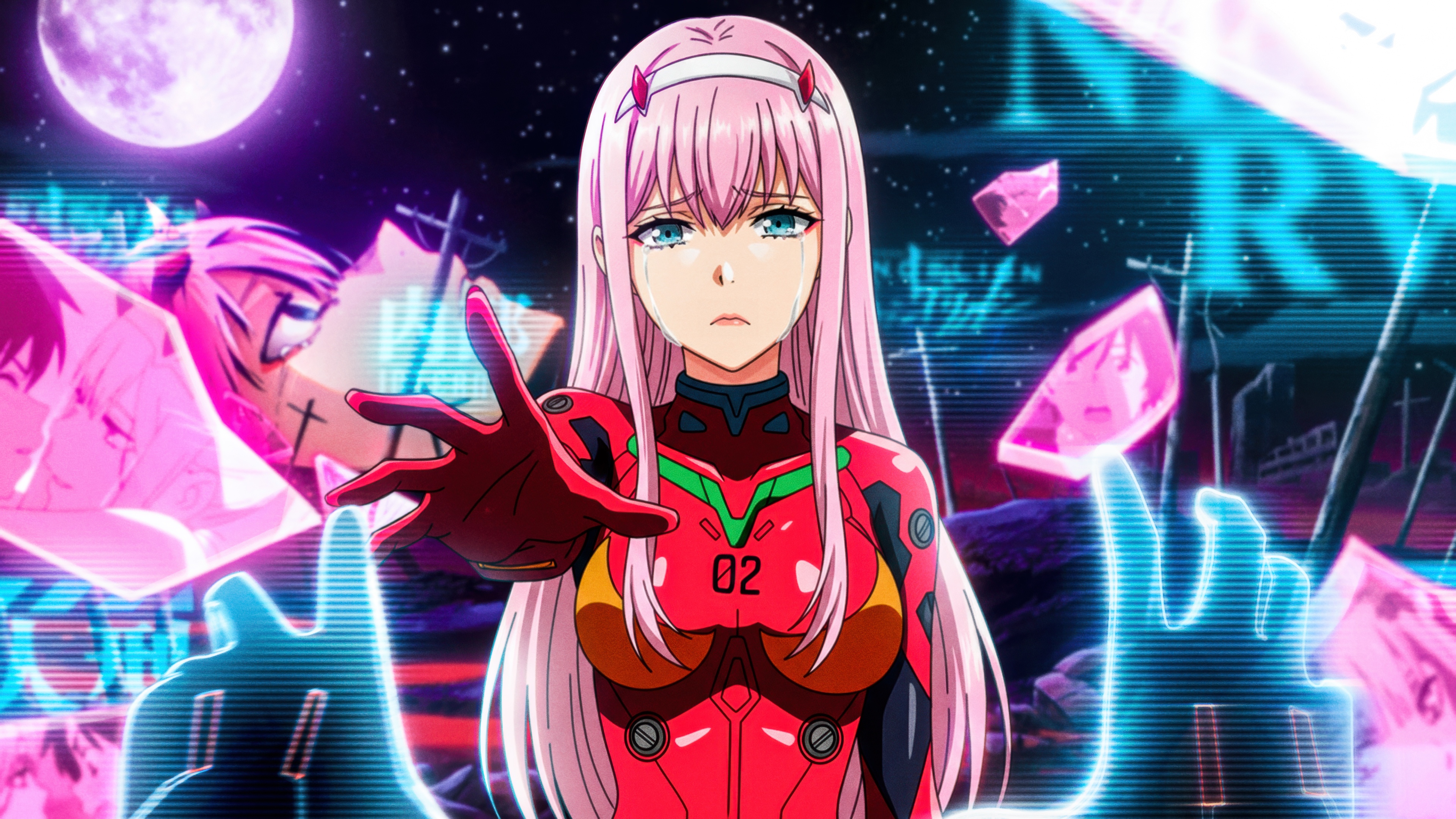 A close-up, sad portrait of the character Zero Two with pink hair from the anime DARLING in the FRANXX.