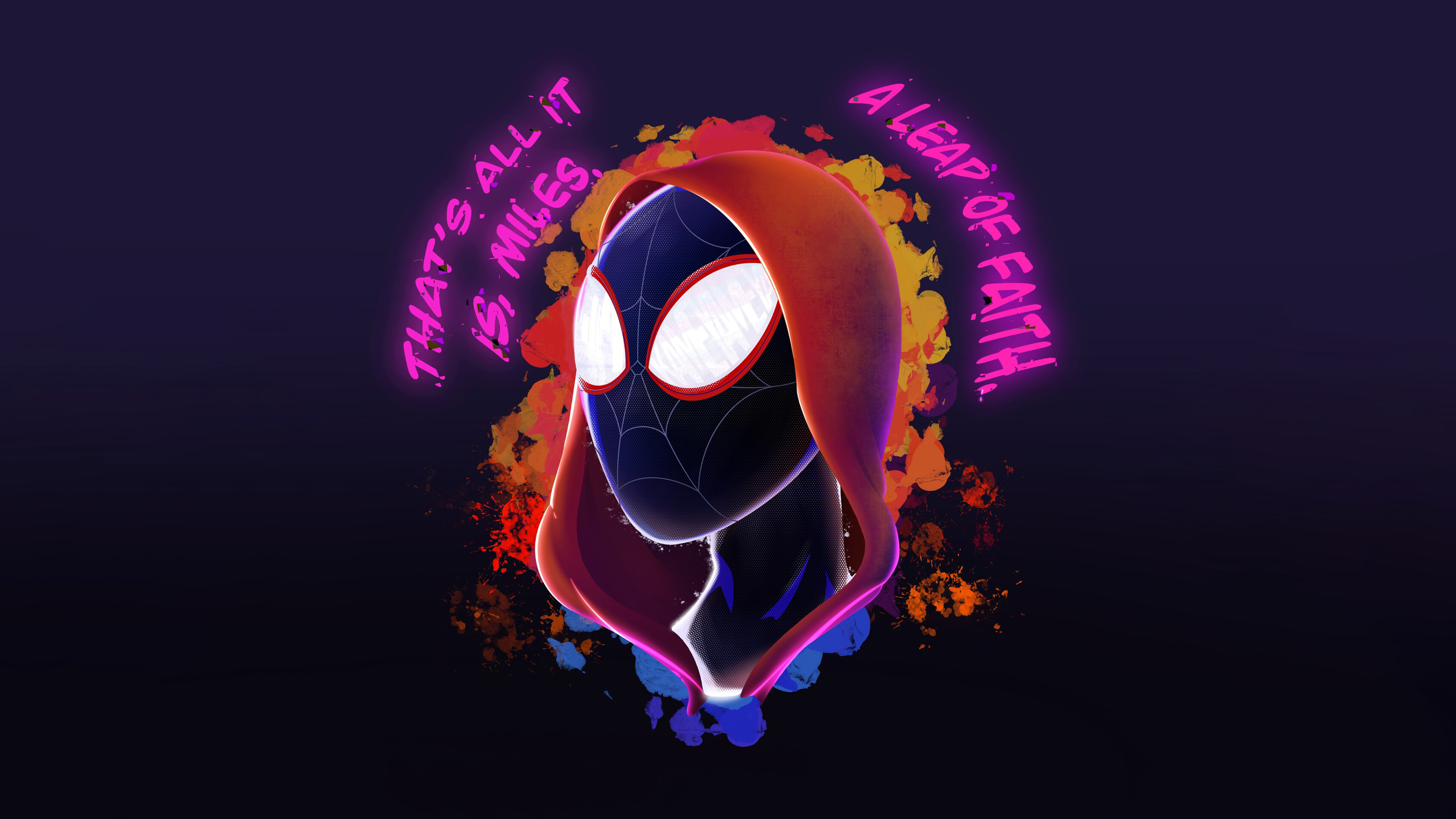 Vibrant neon art of Miles Morales from Marvel Comics set against a dark background.