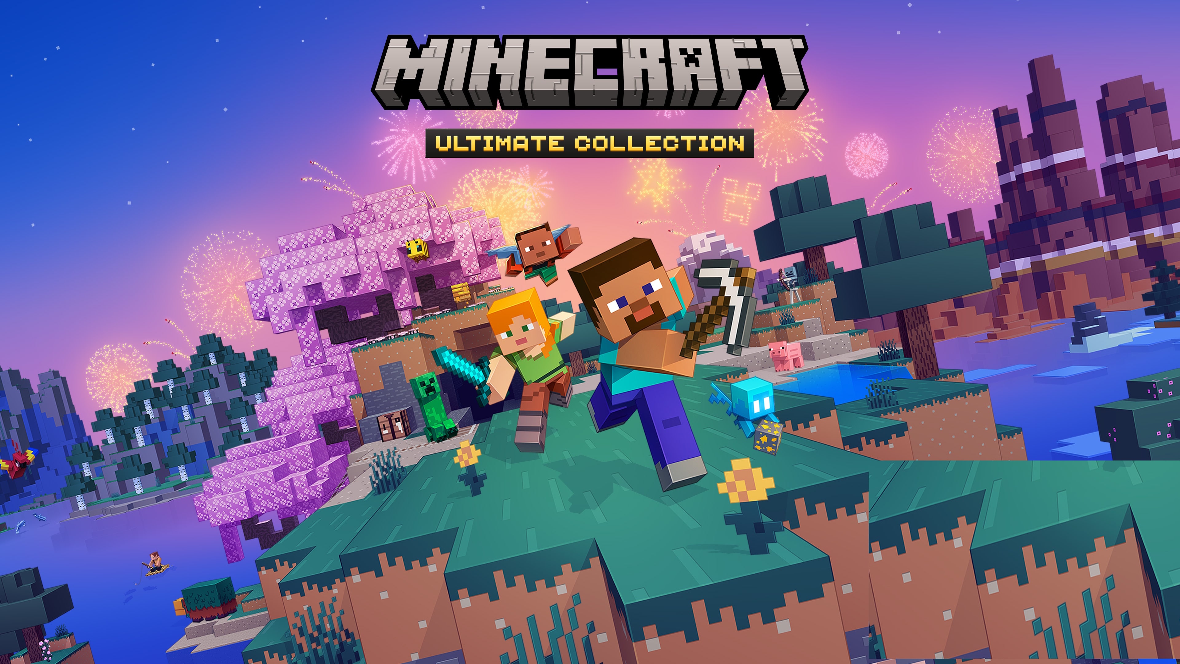 The character Steve from Minecraft standing in a vibrant, high-fidelity blocky world during a breathtaking sunset.