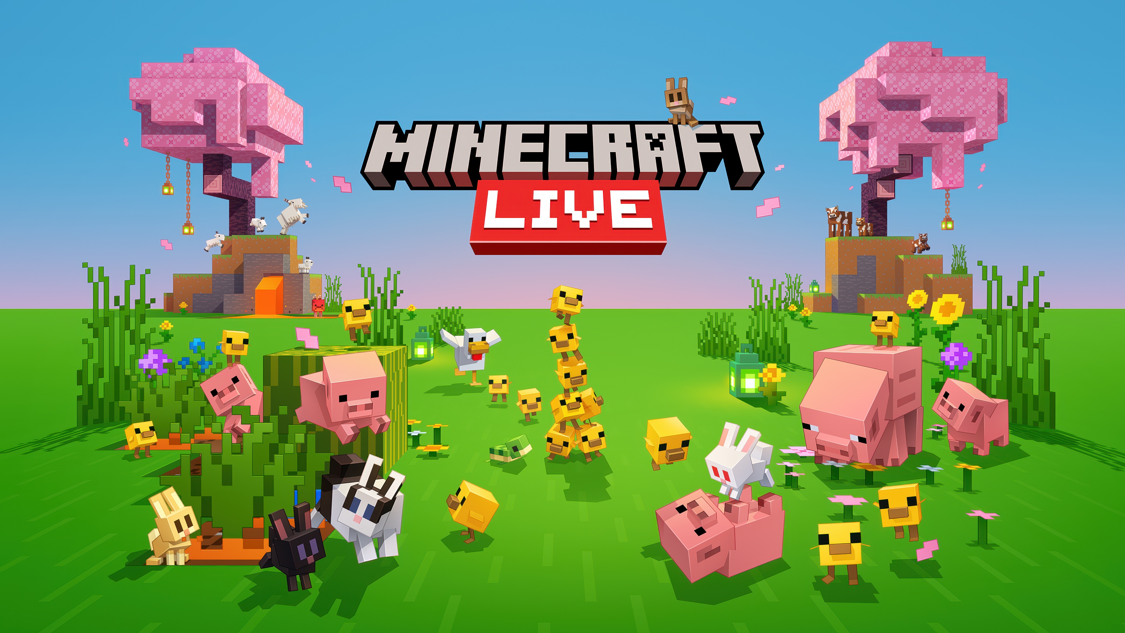 High-resolution key art of Steve from Minecraft standing in a lush, detailed block-based environment for Minecraft Live 2026.