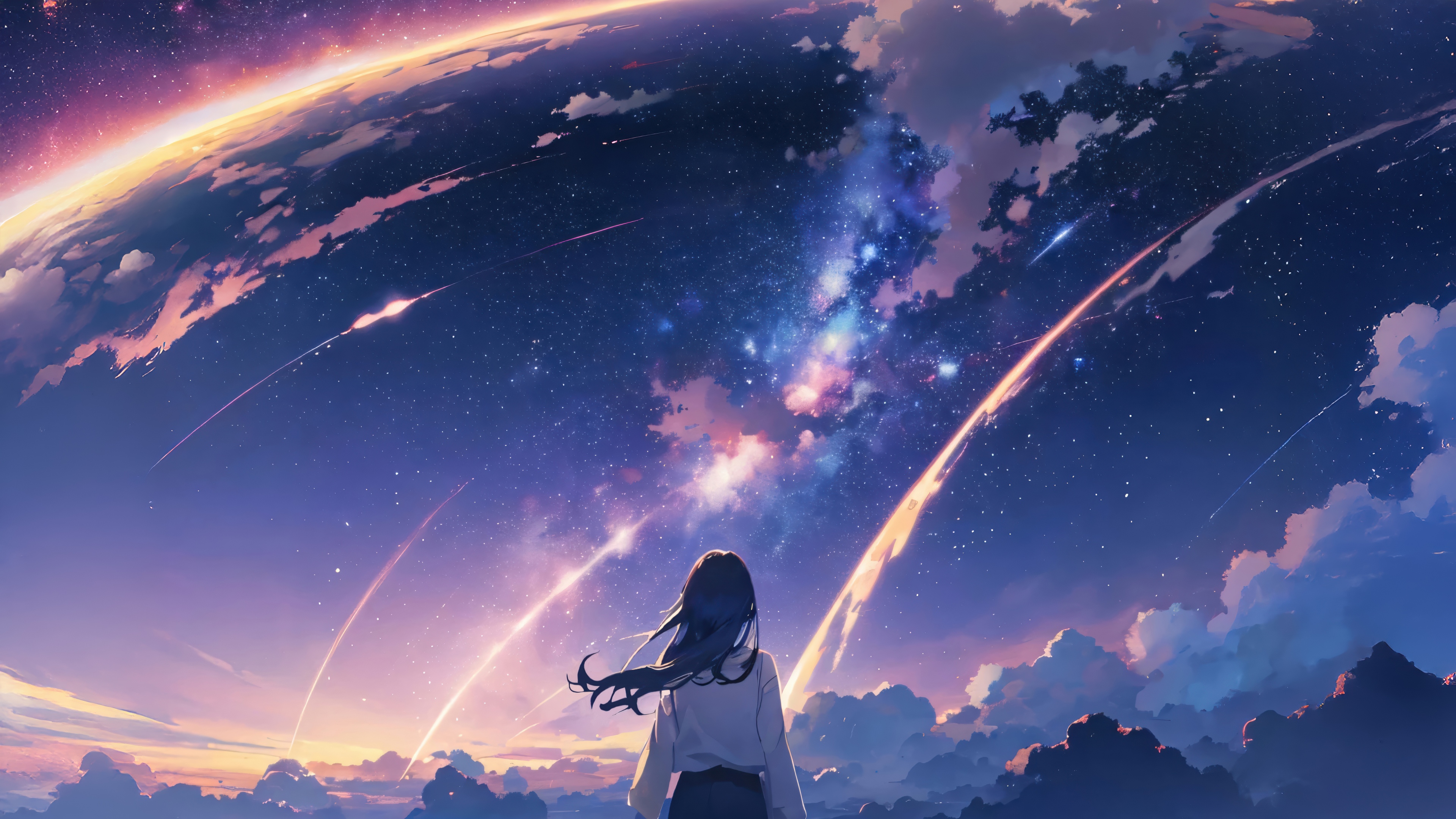 Mitsuha Miyamizu from Your Name looking up at a breathtaking purple galaxy night sky with shooting stars and cosmic elements.