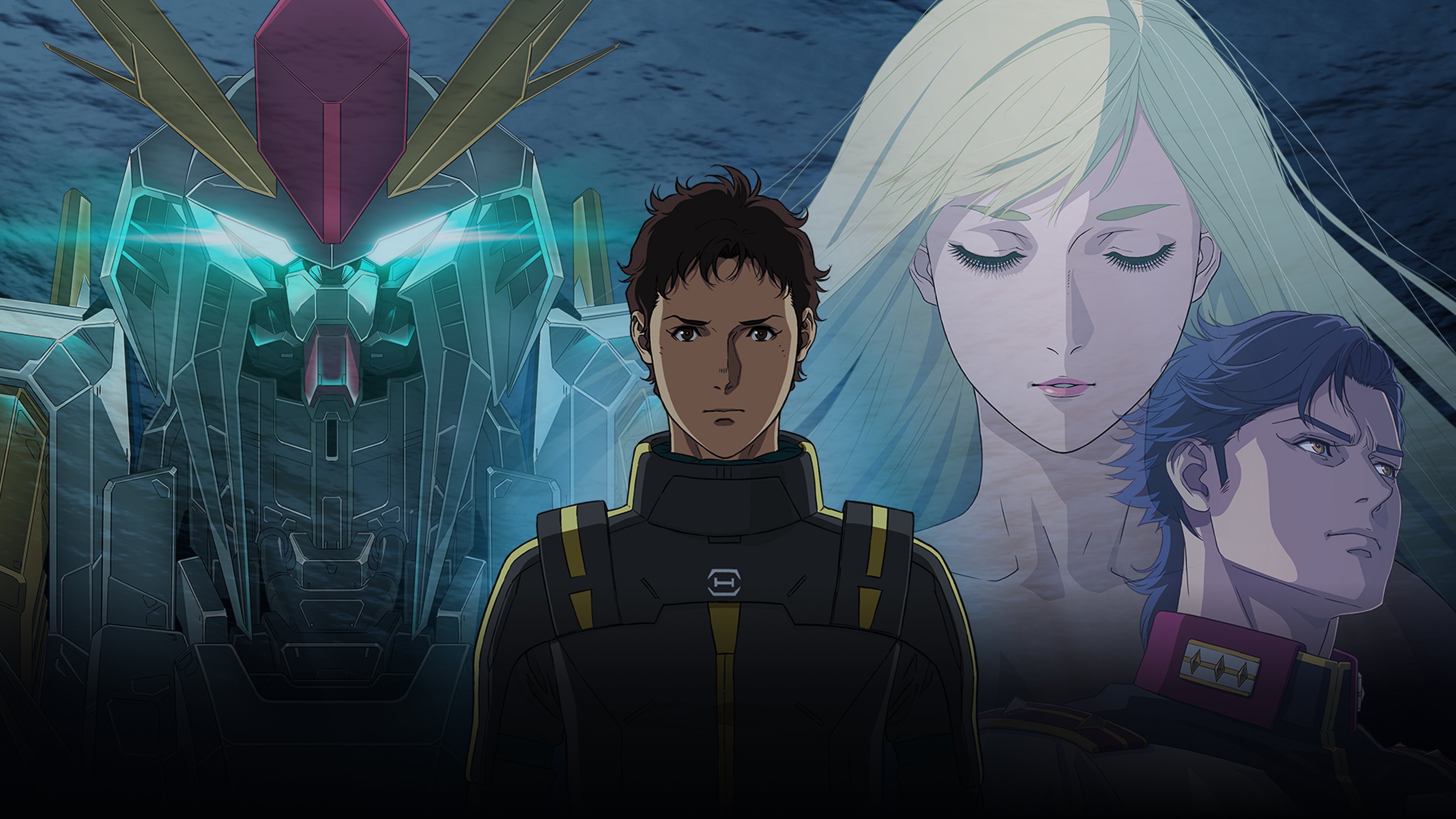 A highly detailed mecha mobile suit from the Mobile Suit Gundam series, shown in a dramatic and cinematic anime movie style with intense lighting and mechanical textures.