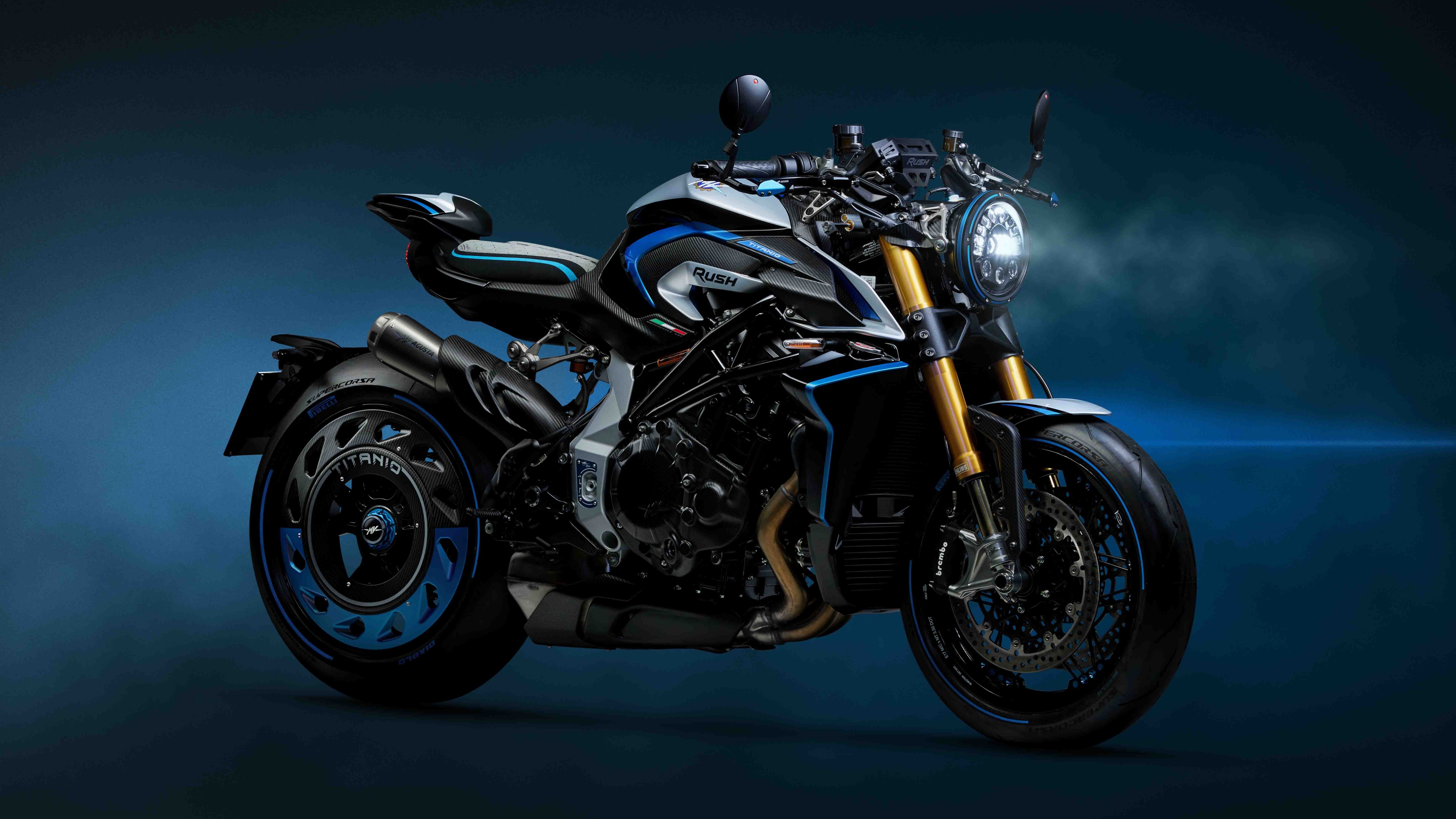 A high-detail shot of a dark blue 2026 MV Agusta Rush Titanio naked motorcycle.