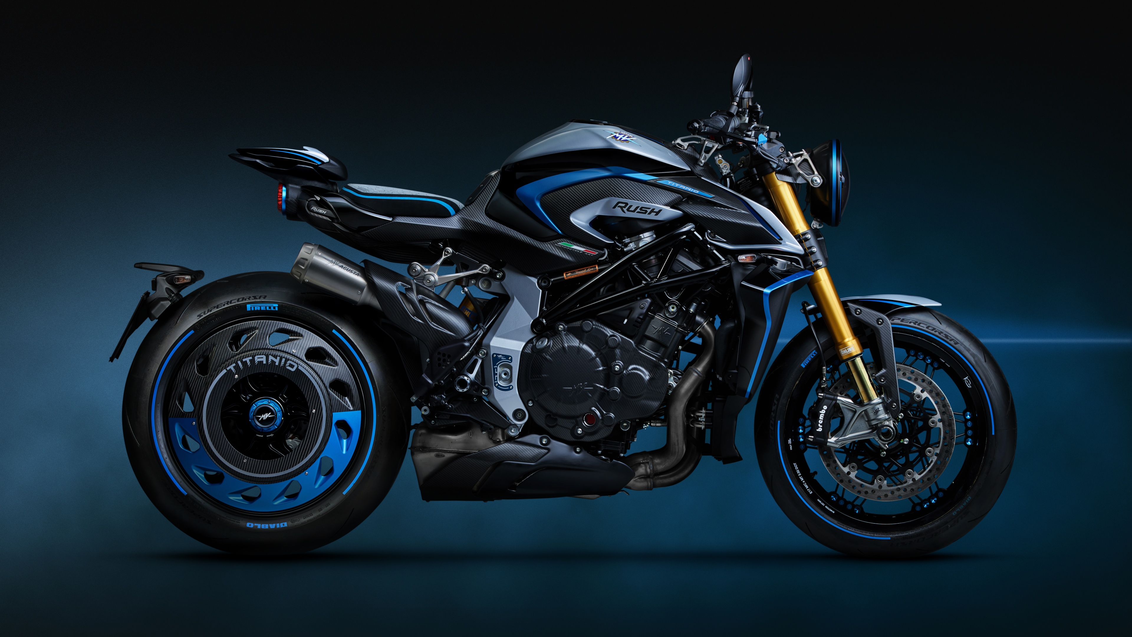 A highly detailed, cinematic shot of the MV Agusta Rush Titanio naked motorcycle featuring a metallic titanium texture and futuristic design.