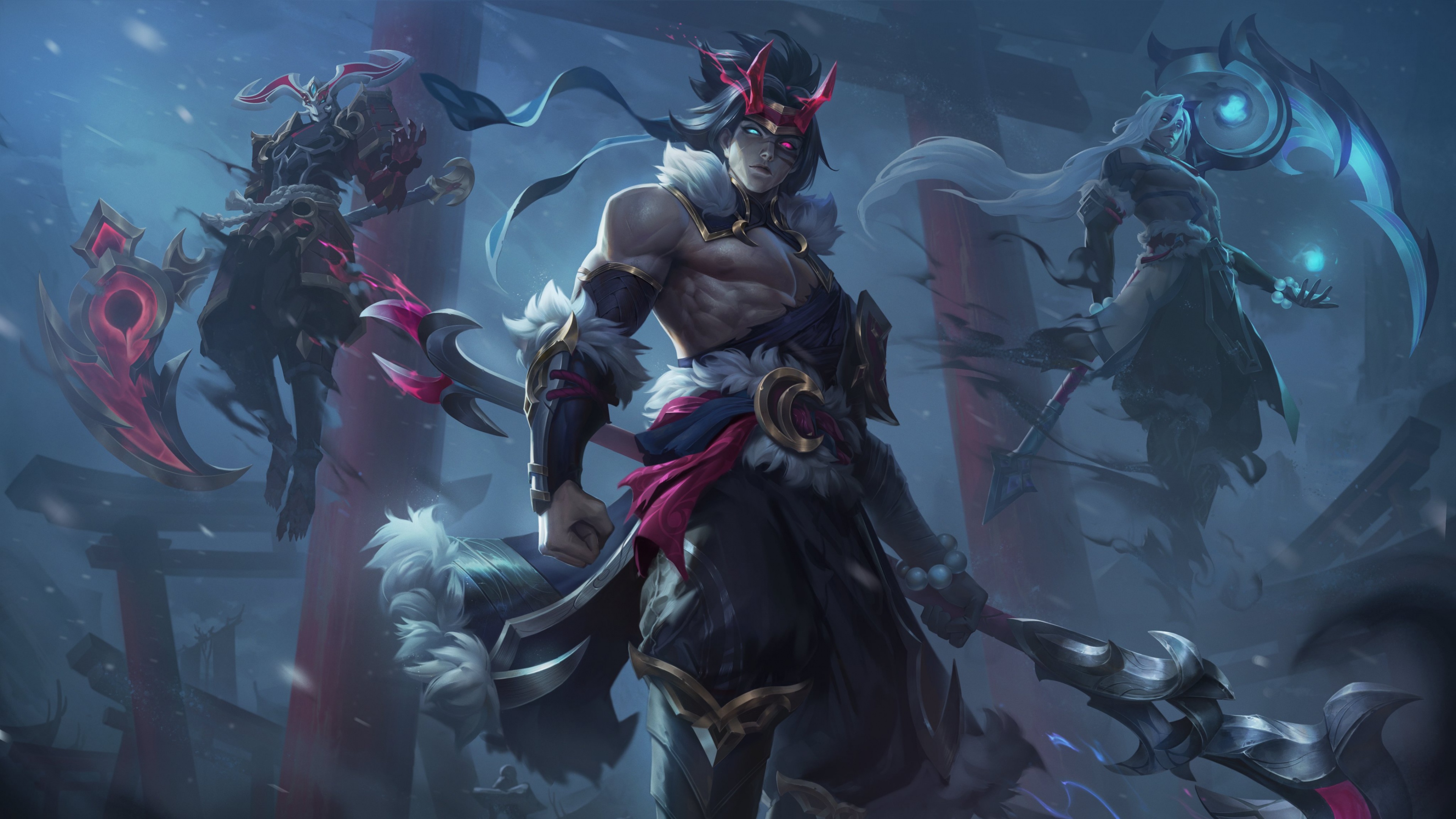 A powerful fantasy champion wielding magical energy in a League of Legends inspired setting.