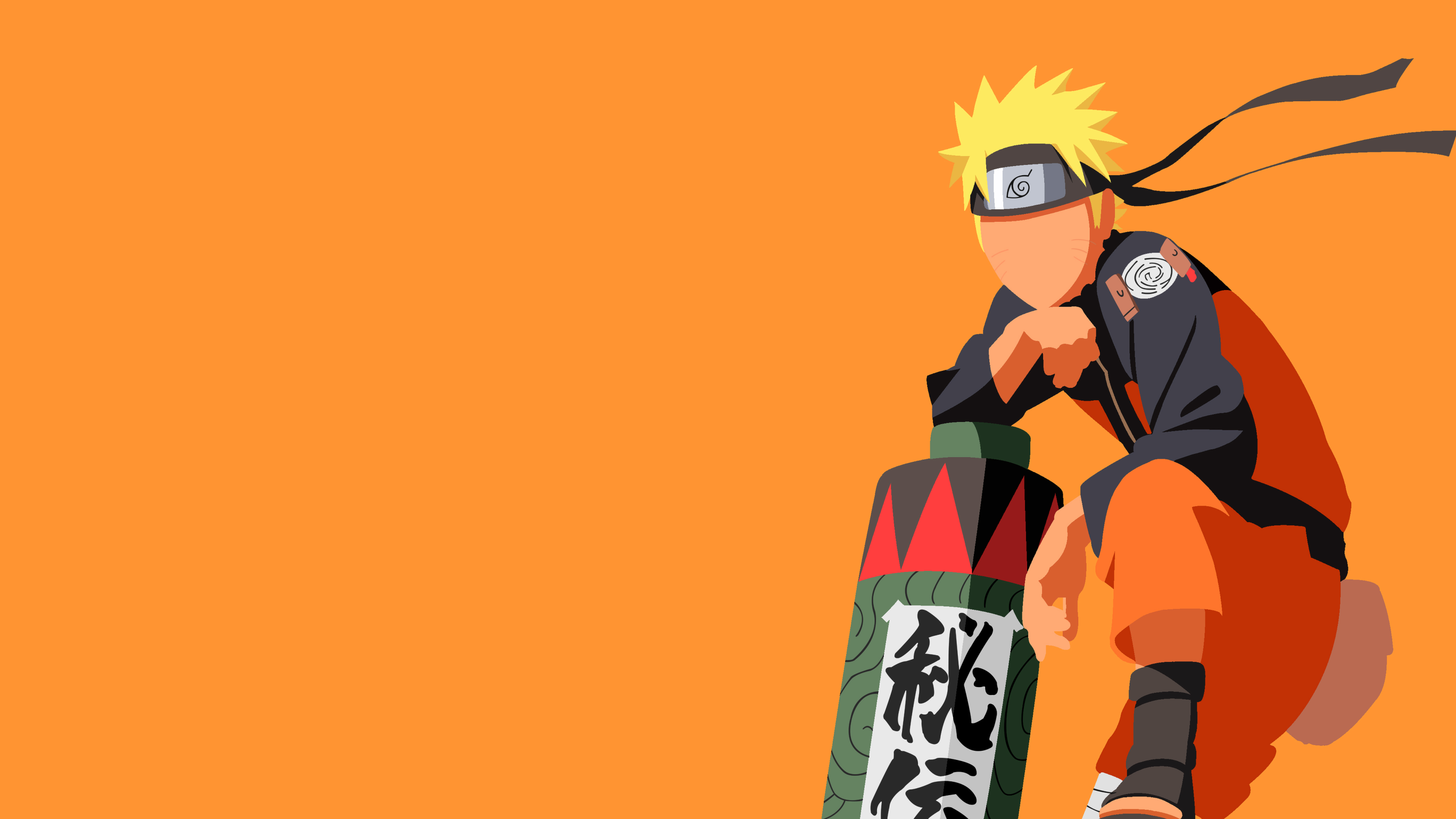 Minimalist faceless illustration of Naruto Uzumaki from the Naruto anime against a solid orange background.