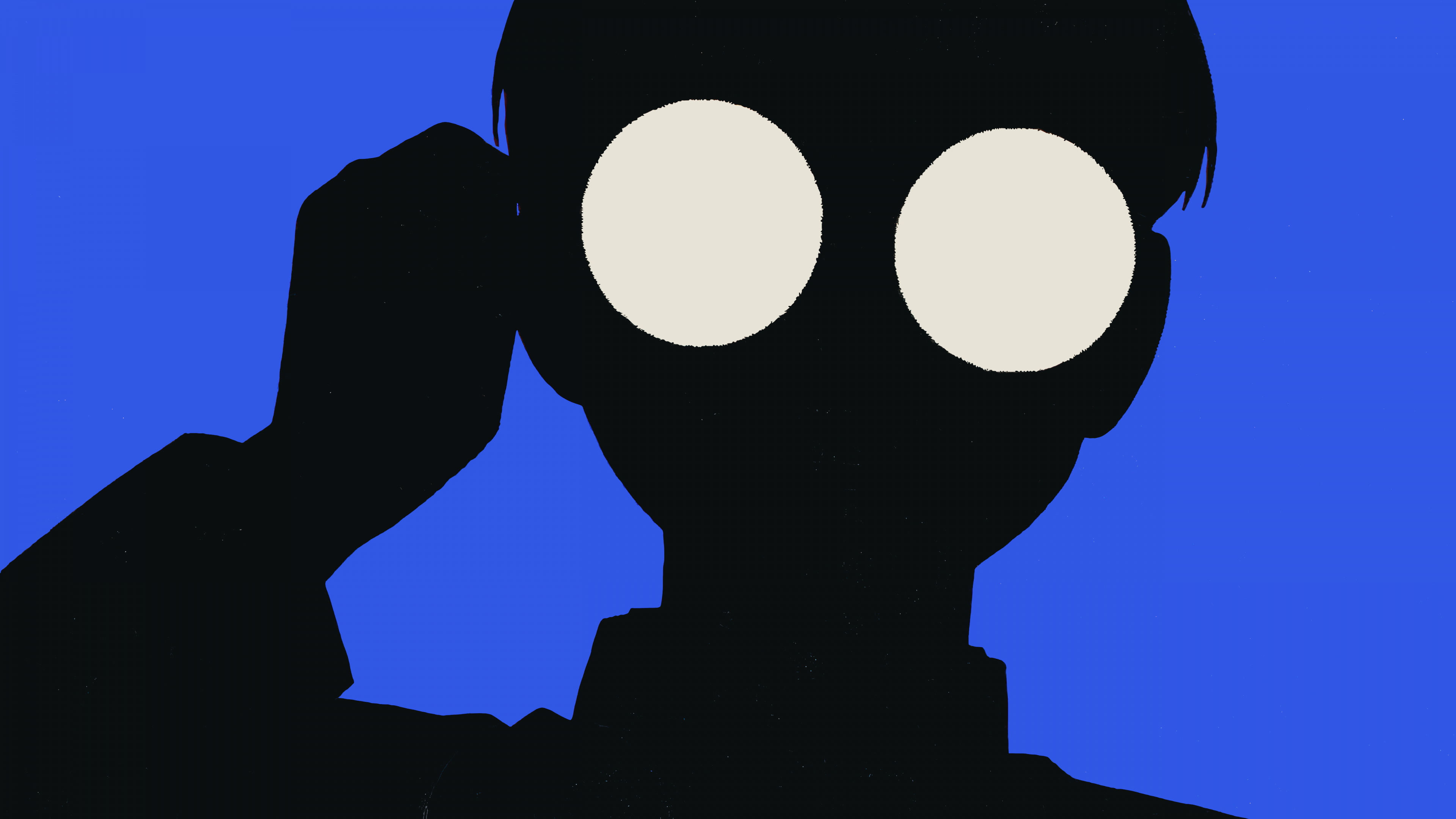 Minimalist silhouette of Okarun (Ken Takakura) from Dandadan on a solid blue background.