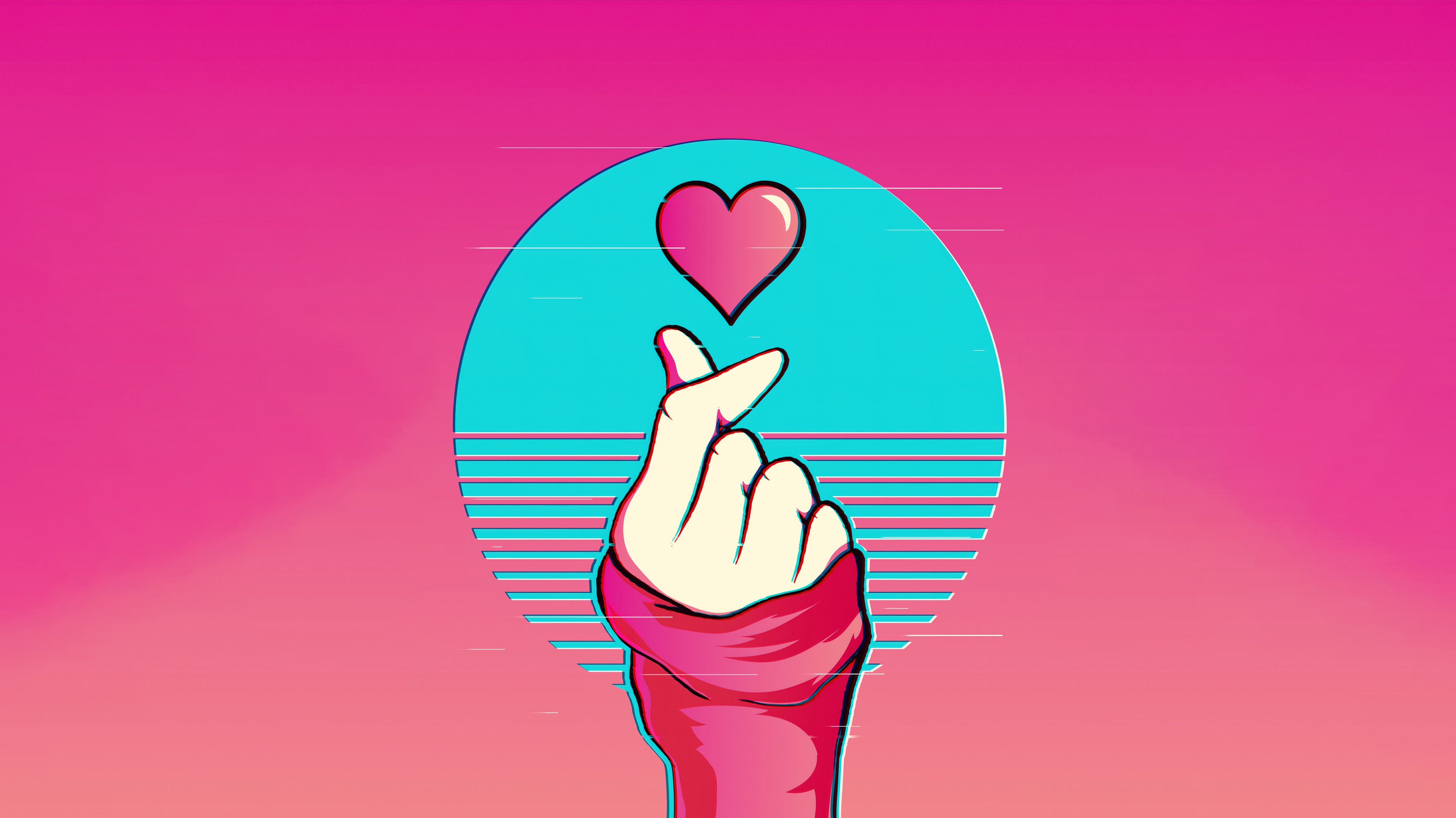 A person performing a finger heart gesture against a pink vaporwave background with glitch art effects.