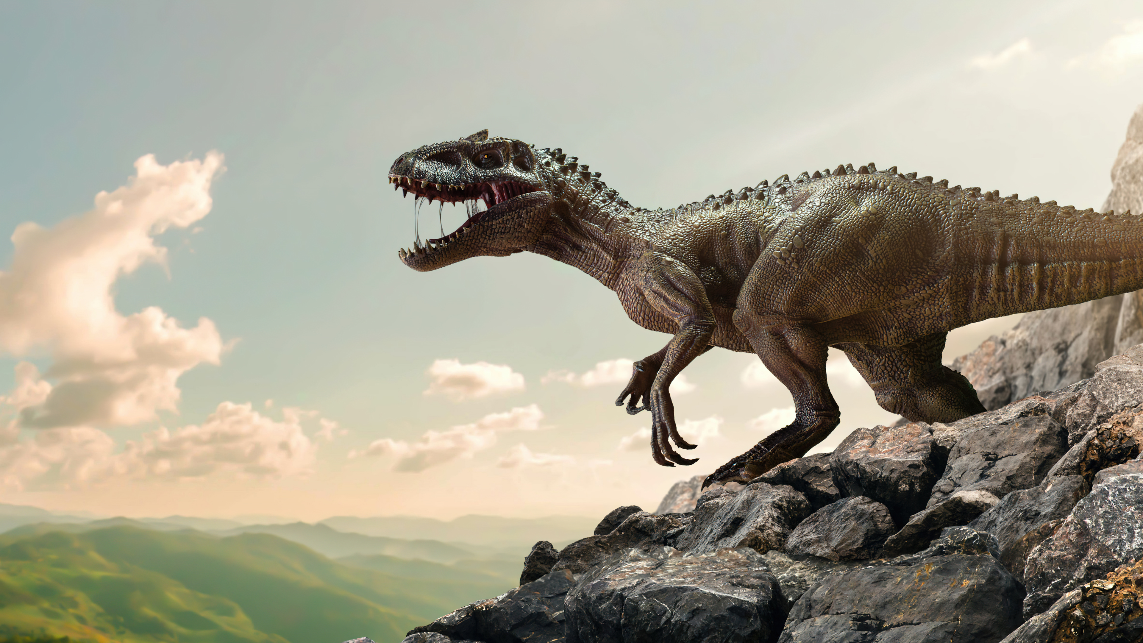 A large dinosaur standing among heavy grey rocks and ancient stone formations in a prehistoric setting.