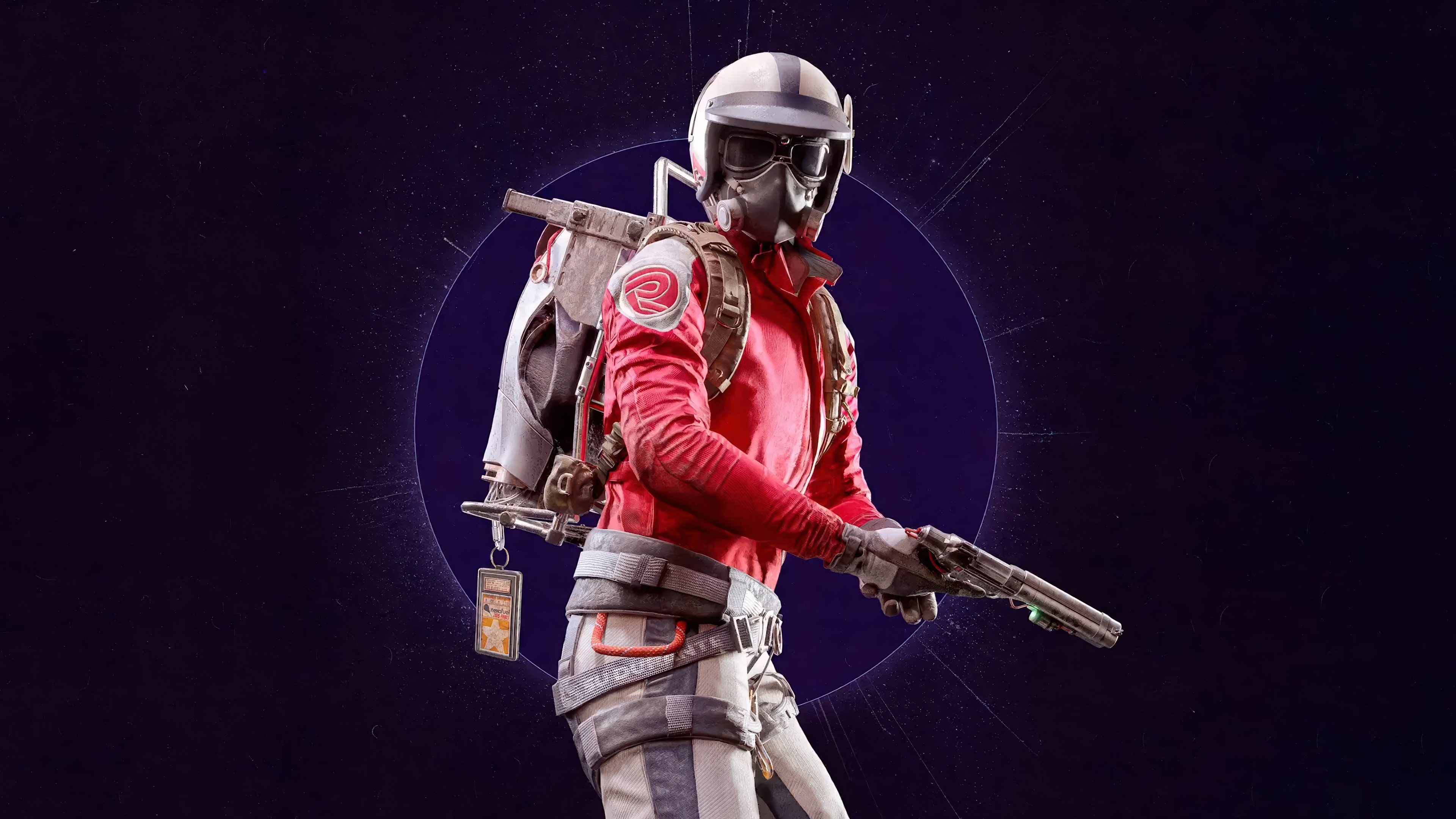 A tactical survivor from the game ARC Raiders equipped with heavy scavenger gear in a desolate, post-apocalyptic environment.