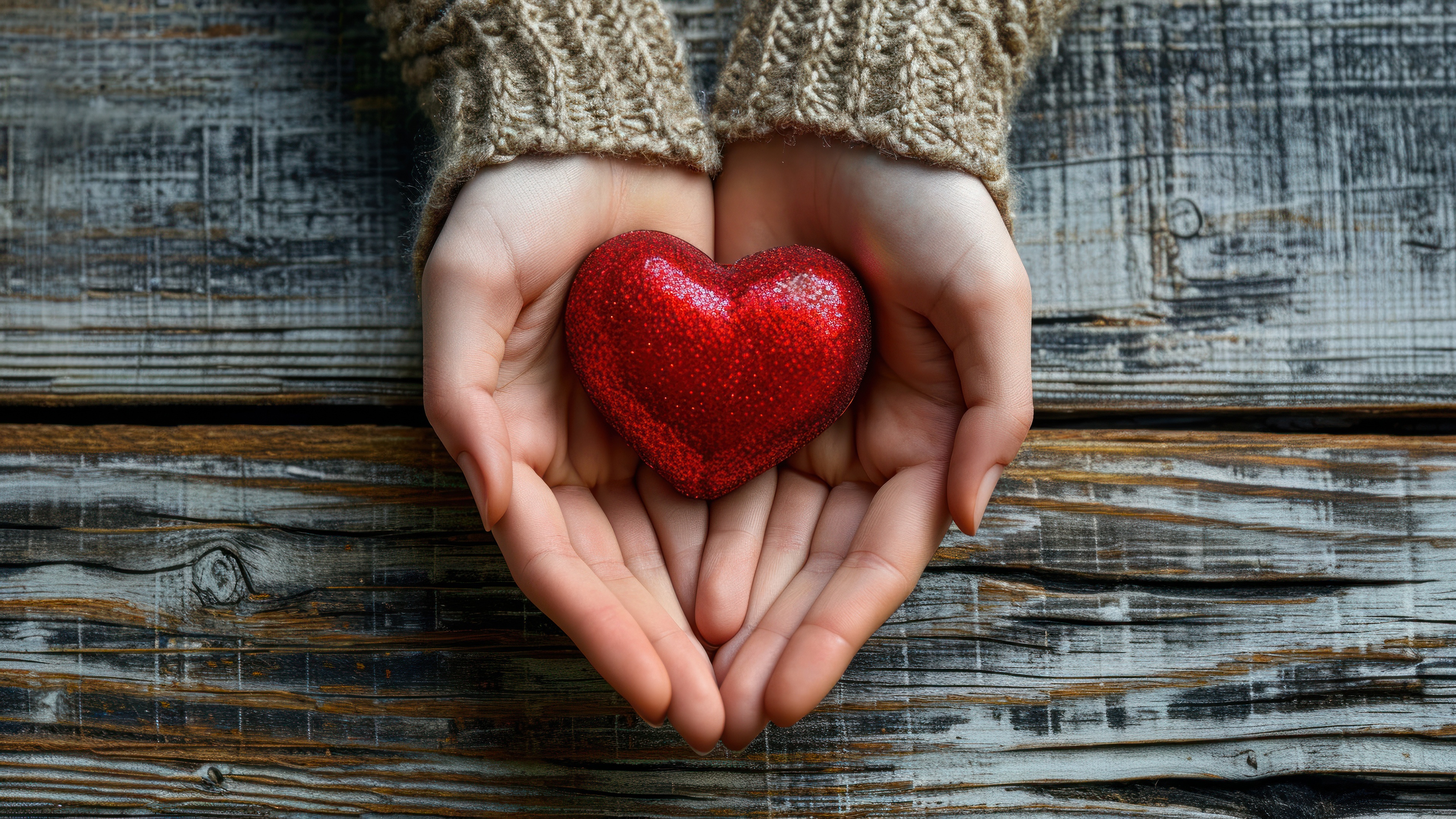 Two hands holding a red heart on a rustic wooden surface for Valentine's Day.