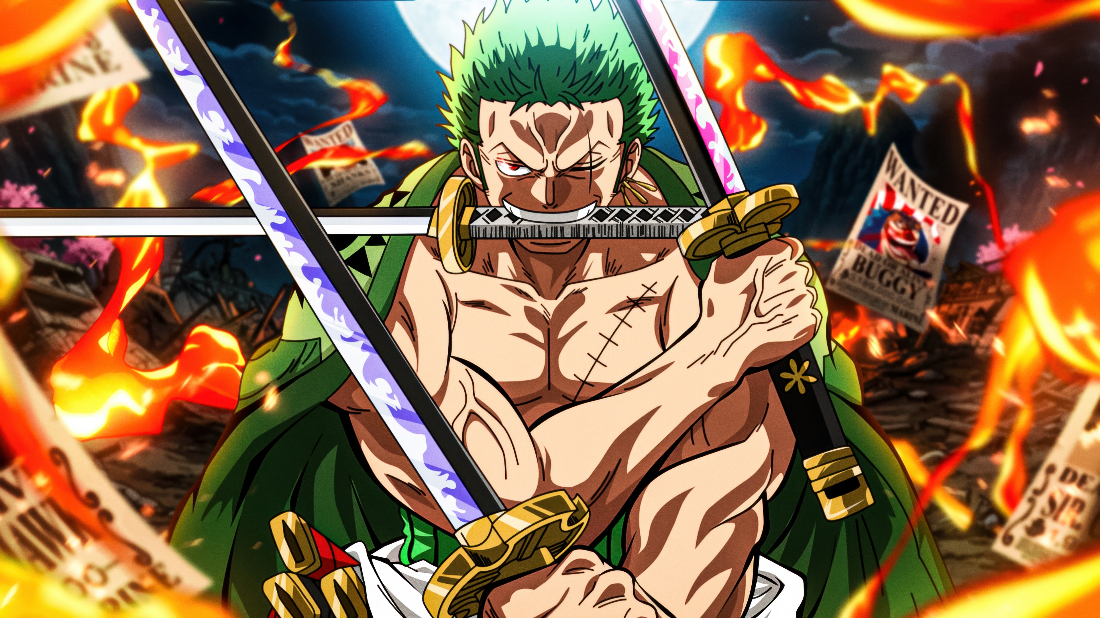 Roronoa Zoro from One Piece wielding his swords in the Three Sword Style technique.