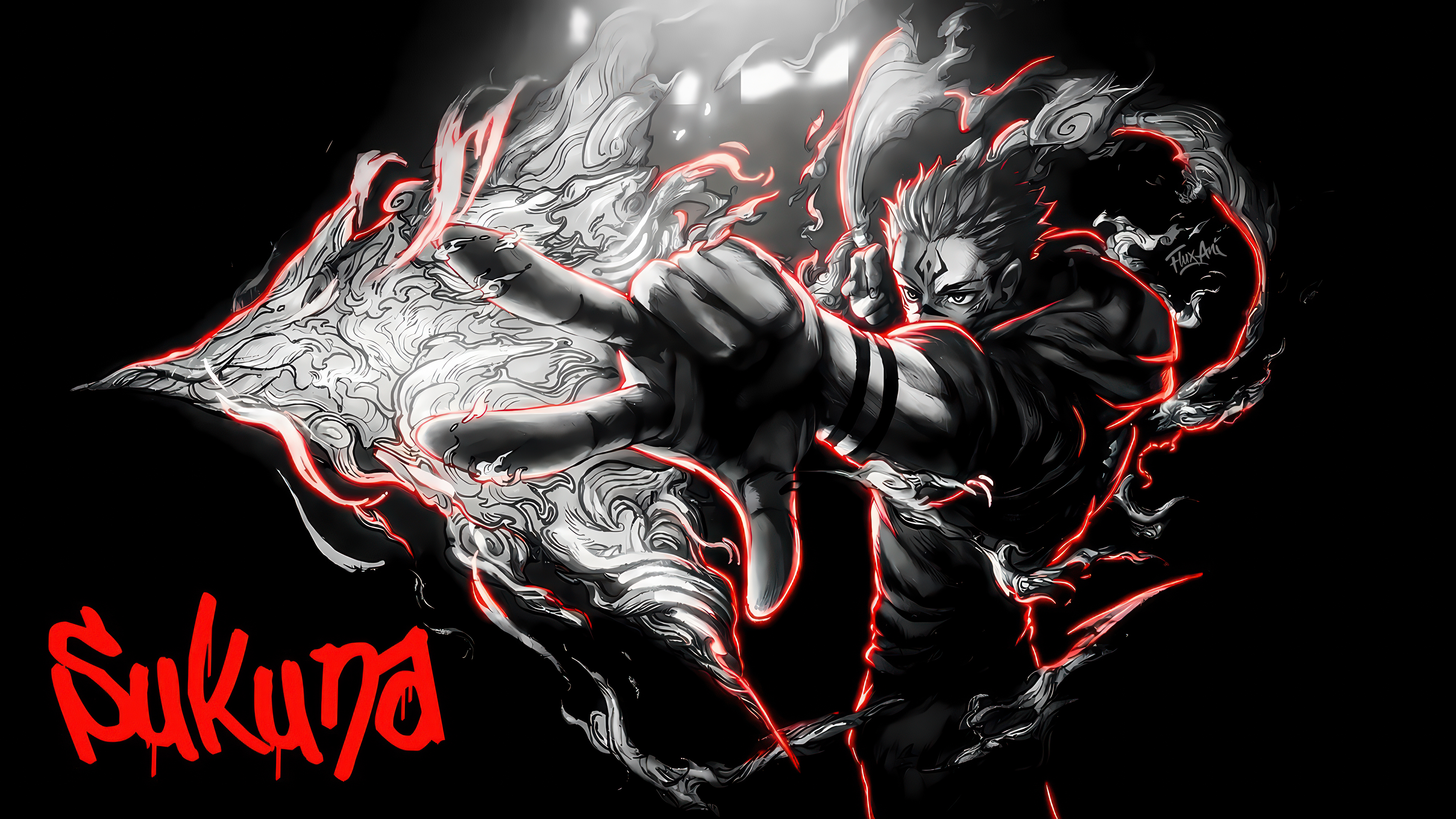 Ryomen Sukuna from Jujutsu Kaisen in a monochromatic action pose with fire effects.