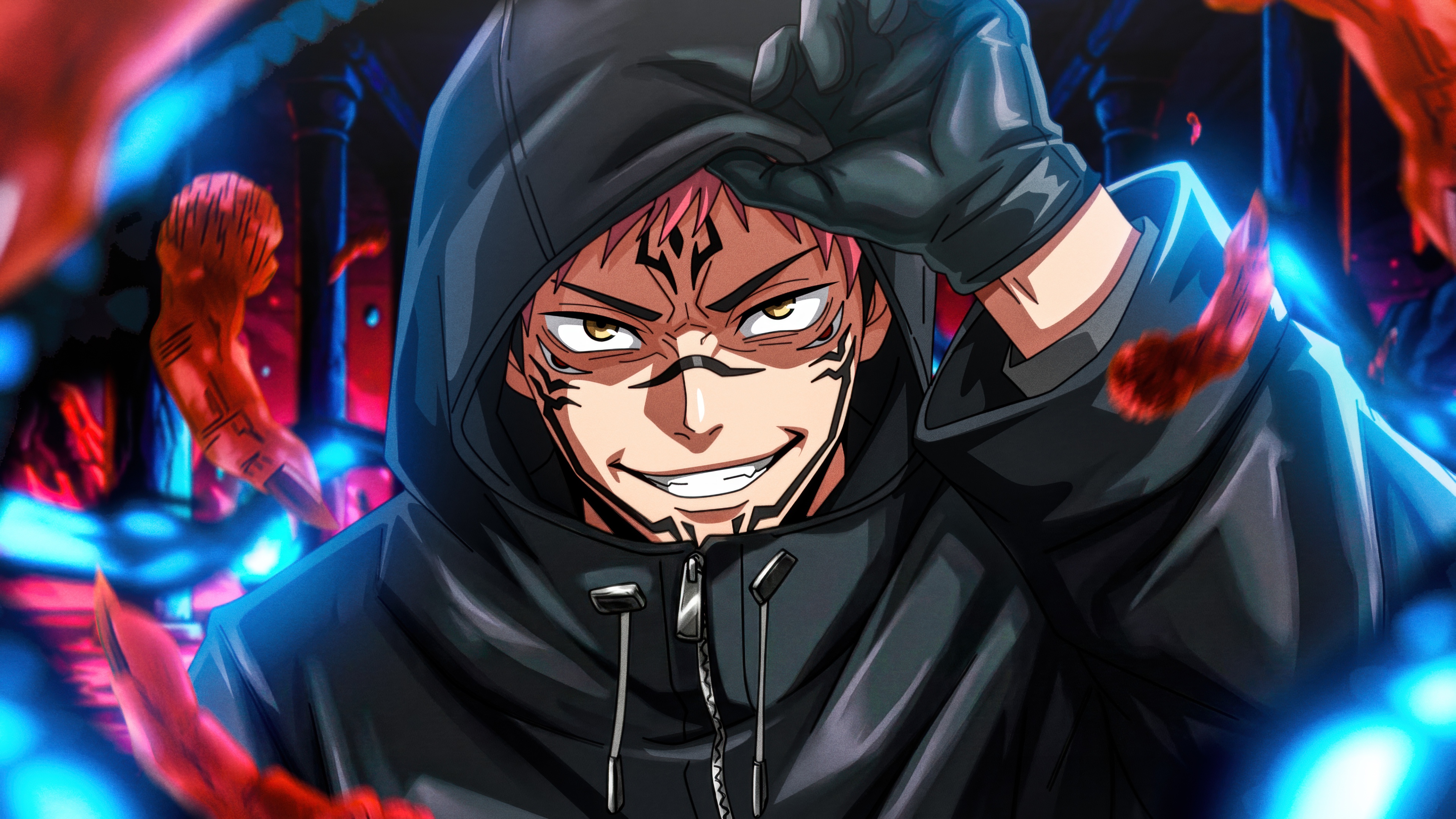 Ryomen Sukuna from Jujutsu Kaisen wearing a stylish dark hoodie, showcasing his distinctive facial tattoos.