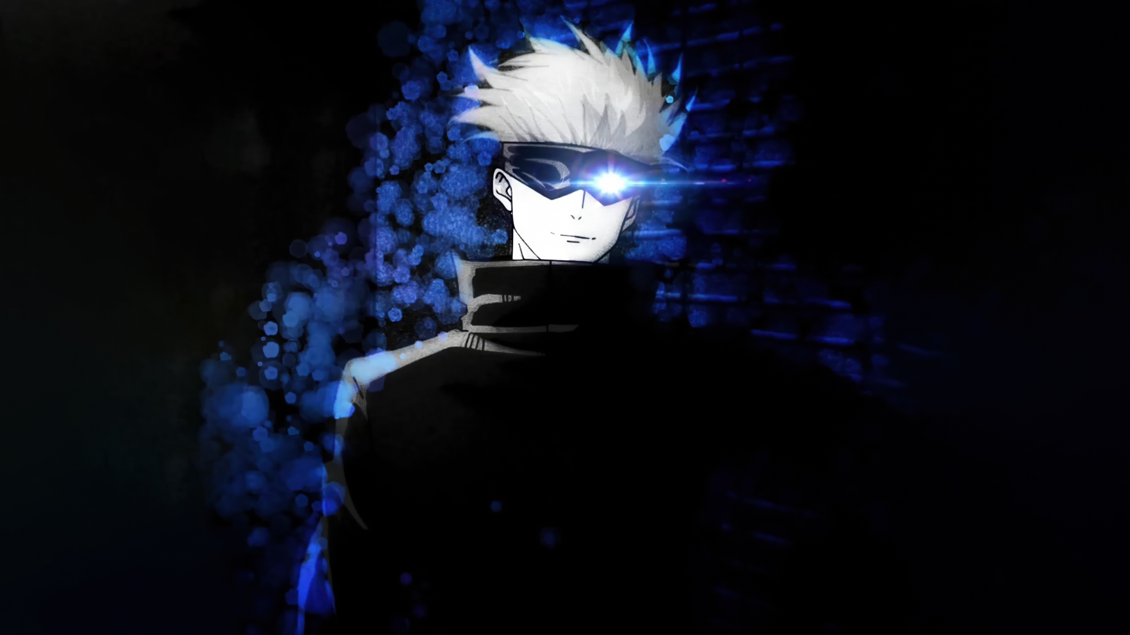 Satoru Gojo from Jujutsu Kaisen posing against a dark, atmospheric background