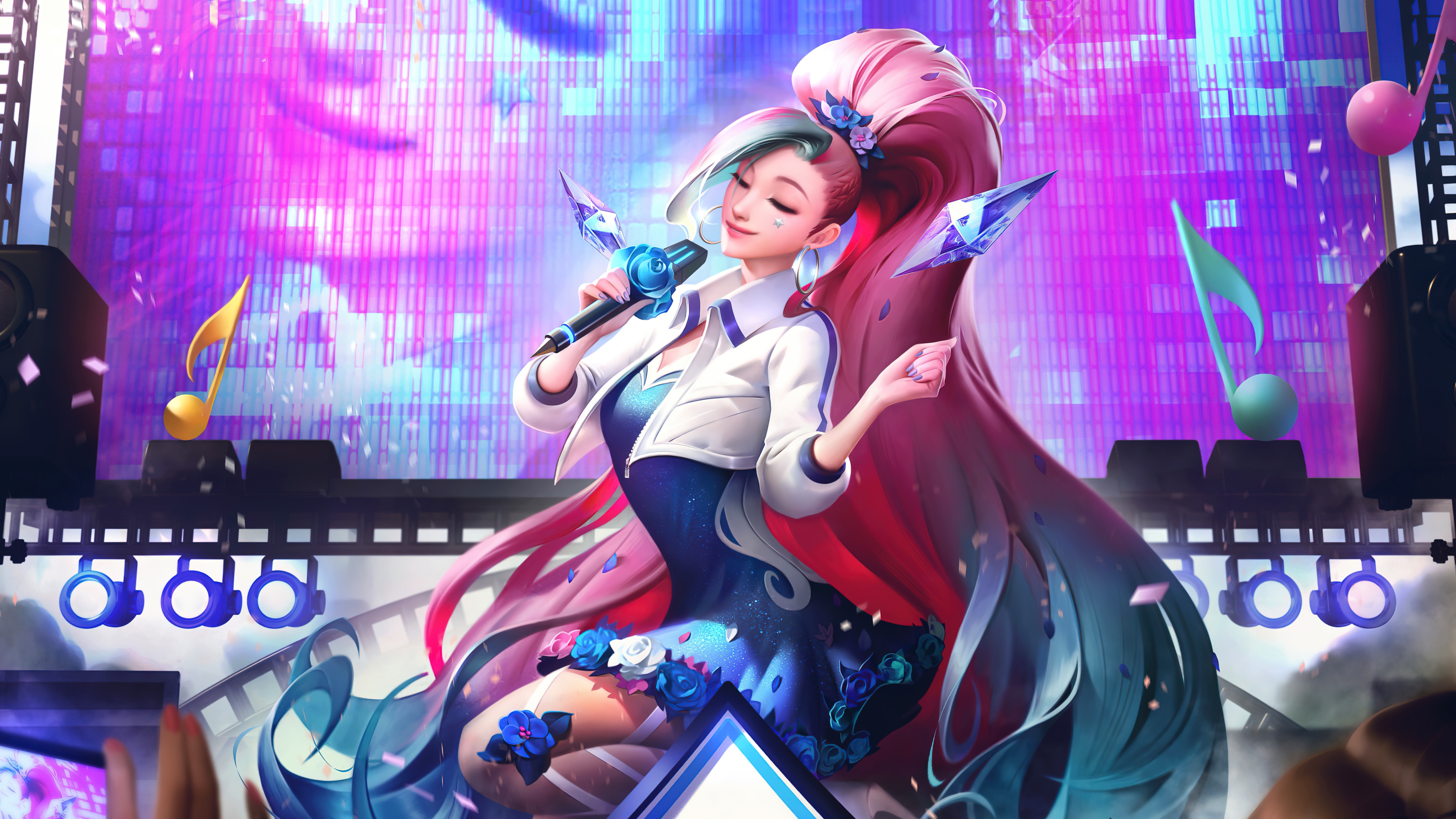 Seraphine from League of Legends K/DA performing as a K-pop idol with colorful stage lighting and pop star aesthetic.