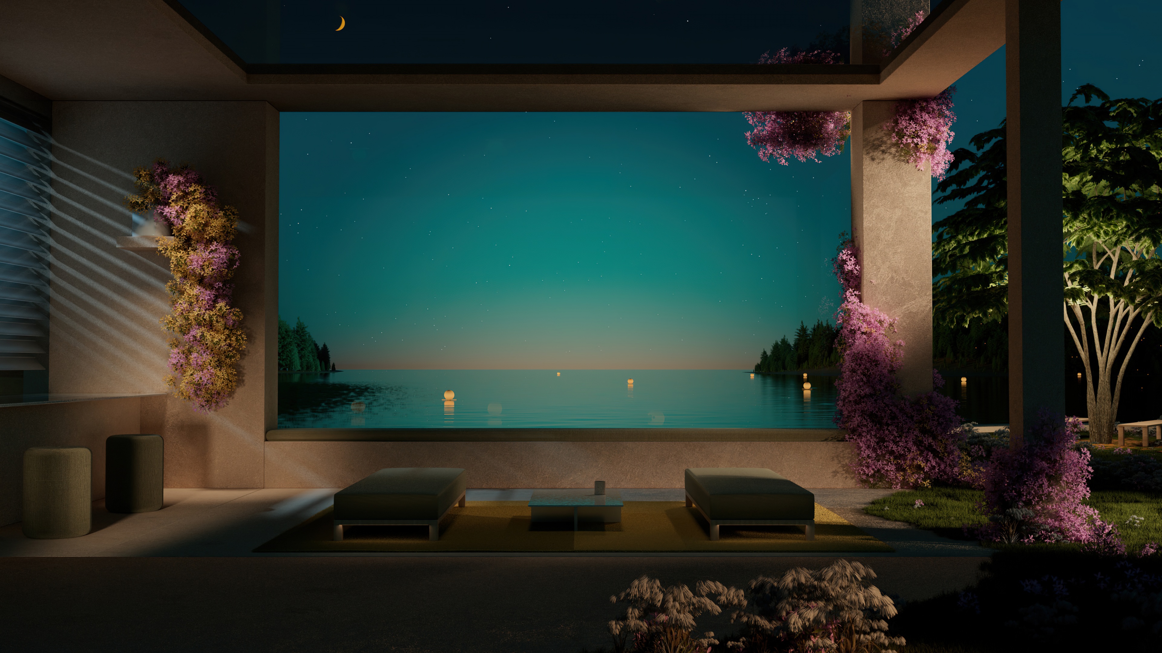 A contemporary outdoor resort terrace with a view of the ocean at night under a starry sky.