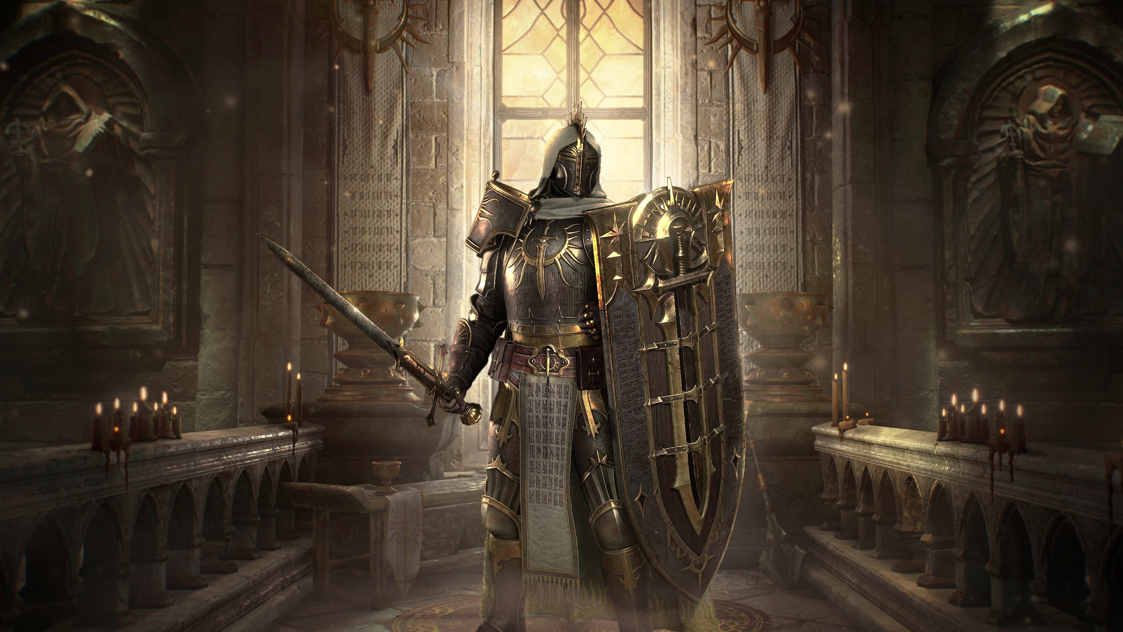 A dark, armored character from the Diablo IV universe standing in a desolate, gothic landscape.