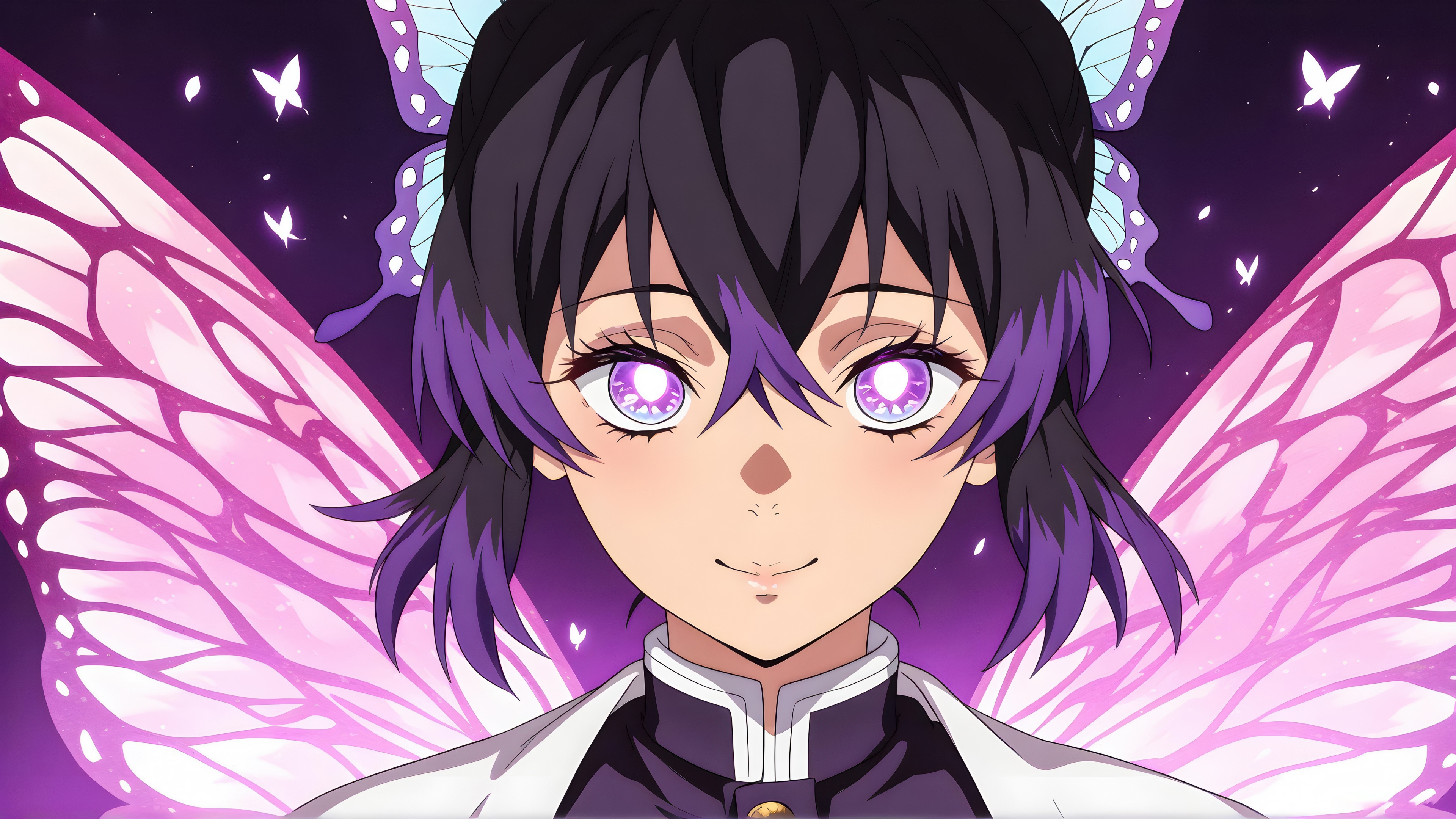 Shinobu Kocho from Demon Slayer featuring glowing purple eyes and butterfly-themed purple aesthetic