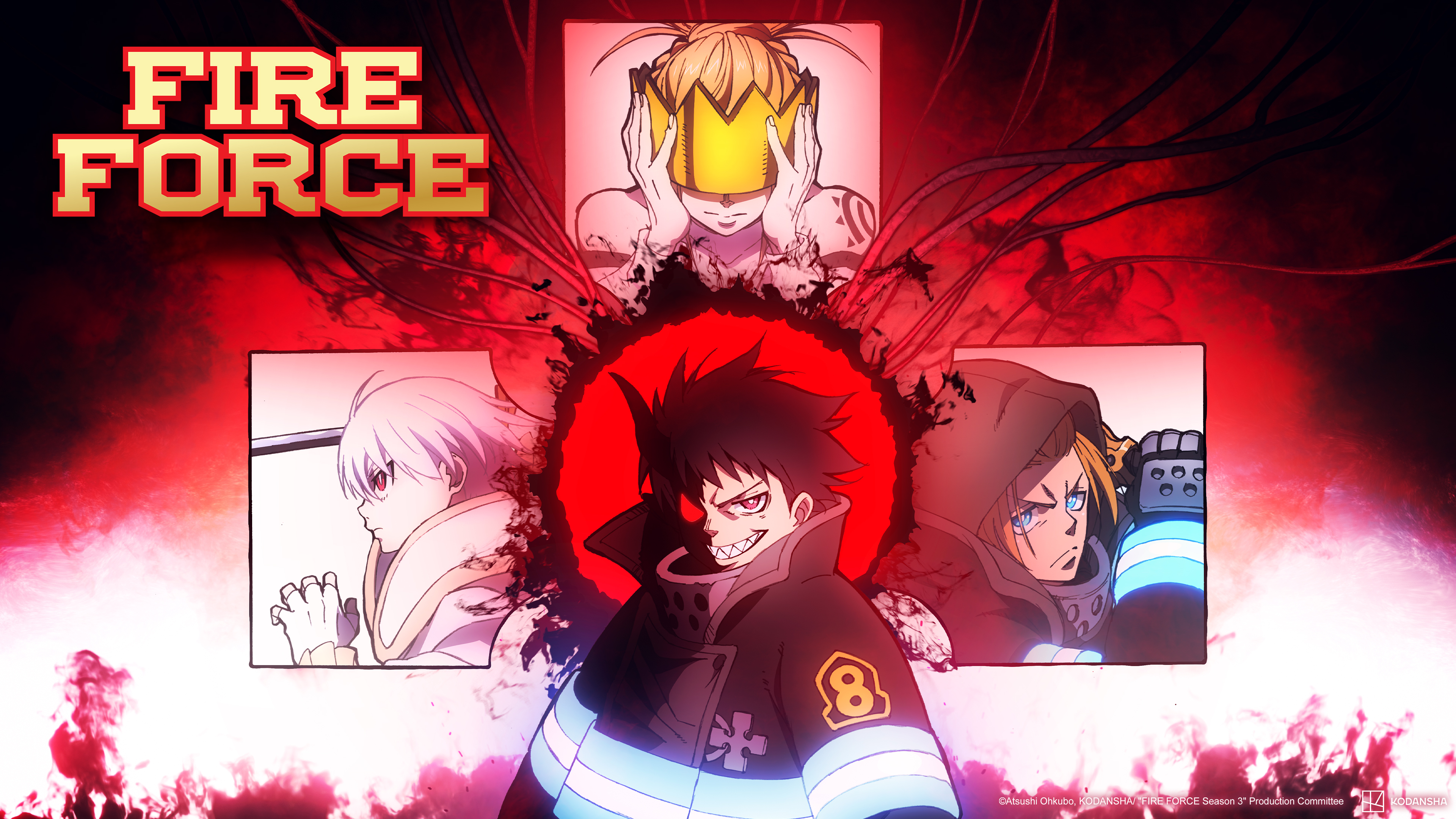 Shinra Kusakabe from the anime series Fire Force displaying his signature fiery powers.
